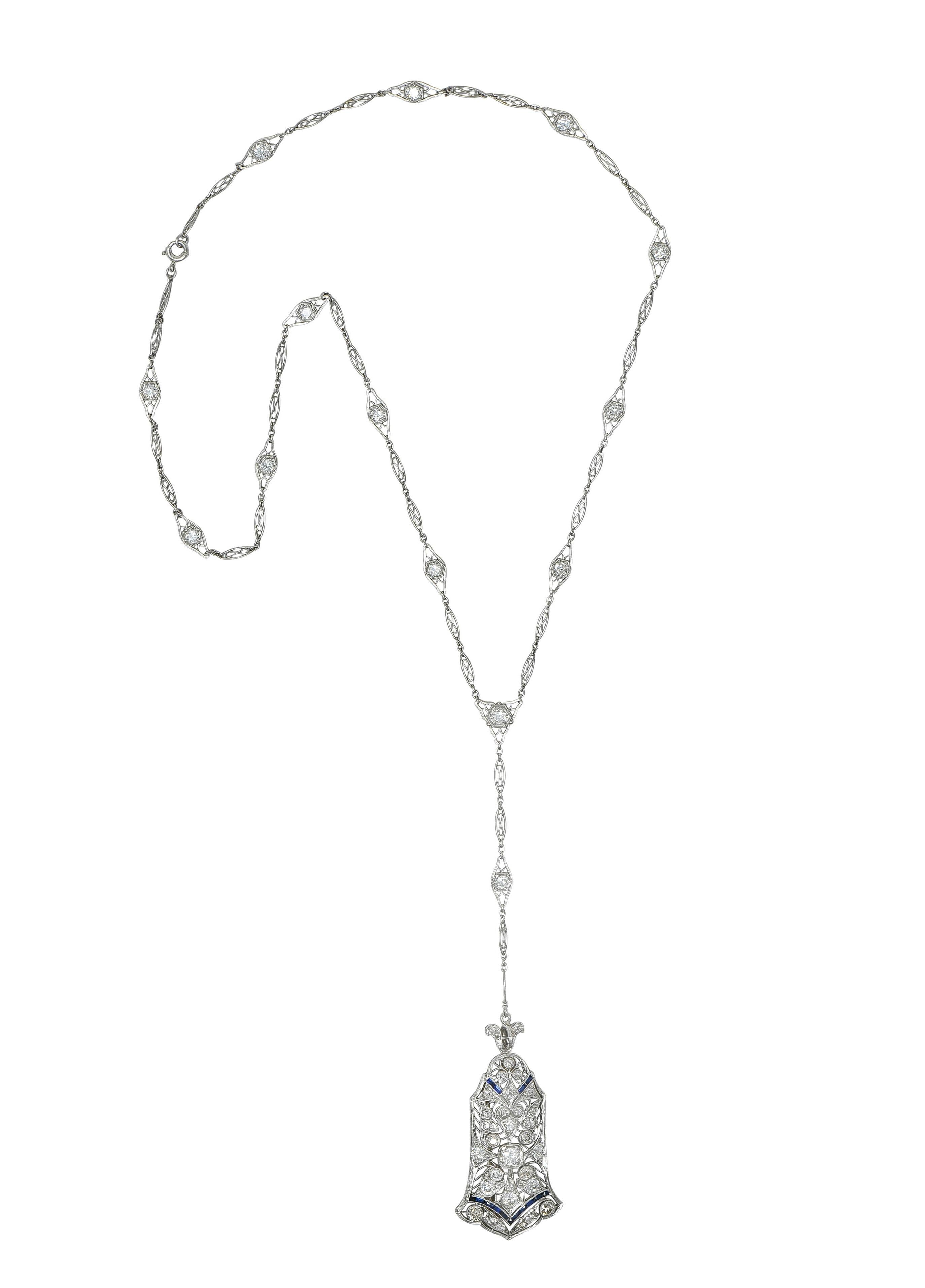 Art Deco 4.00 CTW Diamond Sapphire Platinum Vintage Sartuoir Pendant Necklace