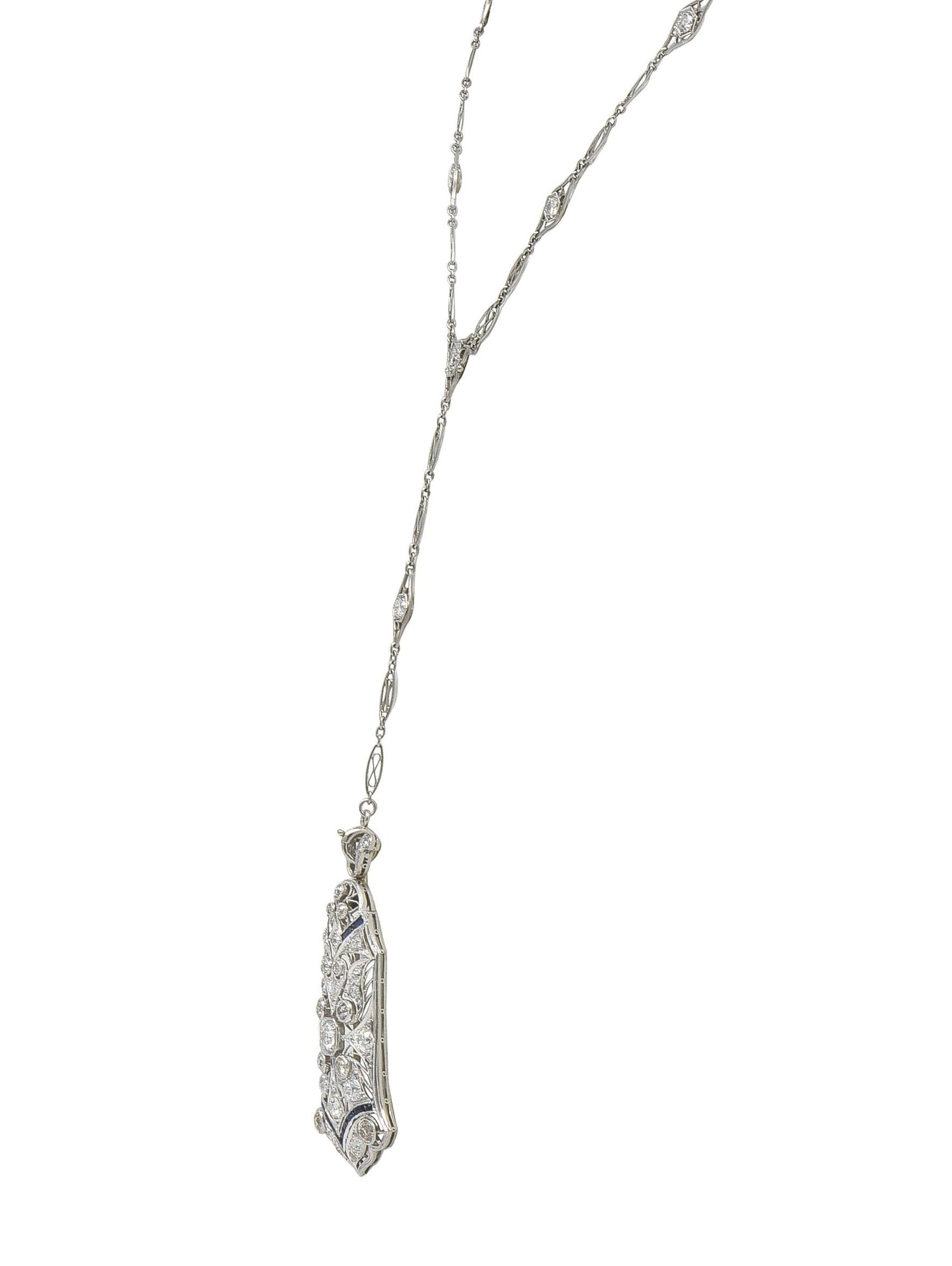 Art Deco 4.00 CTW Diamond Sapphire Platinum Vintage Sartuoir Pendant Necklace