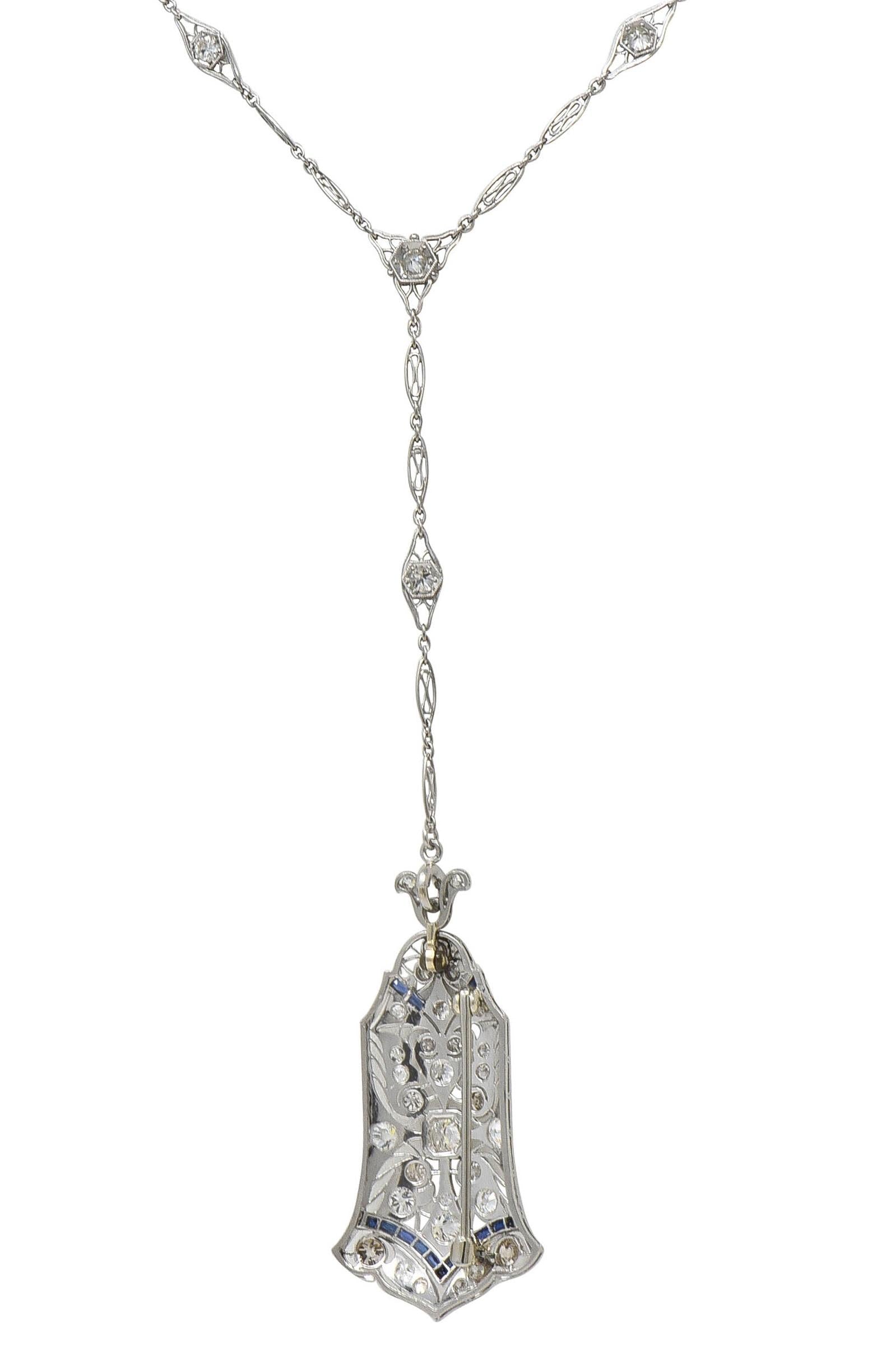 Art Deco 4.00 CTW Diamond Sapphire Platinum Vintage Sartuoir Pendant Necklace