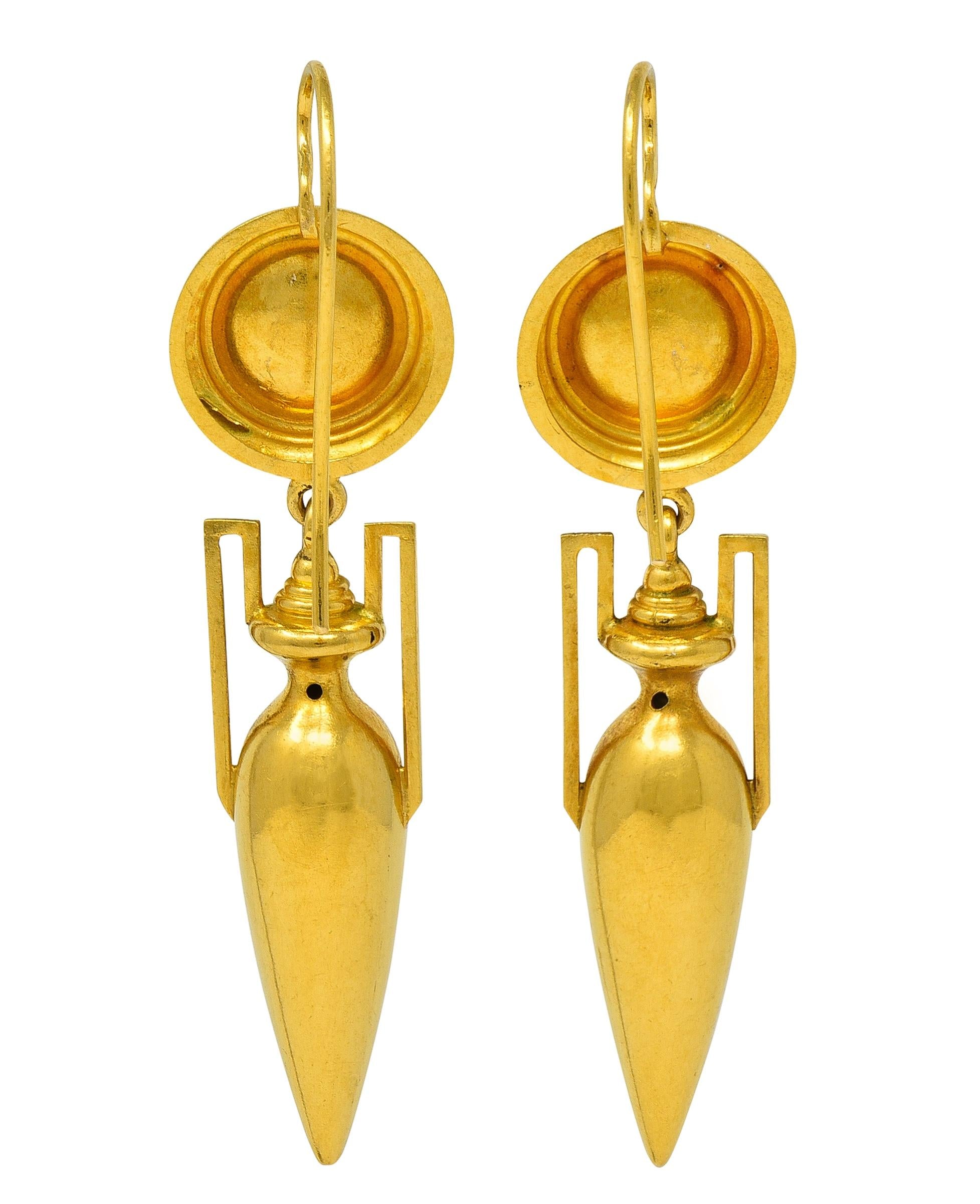 Victorian Etruscan Revival 18K Gold Antique Grapevine Amphora Drop Earrings