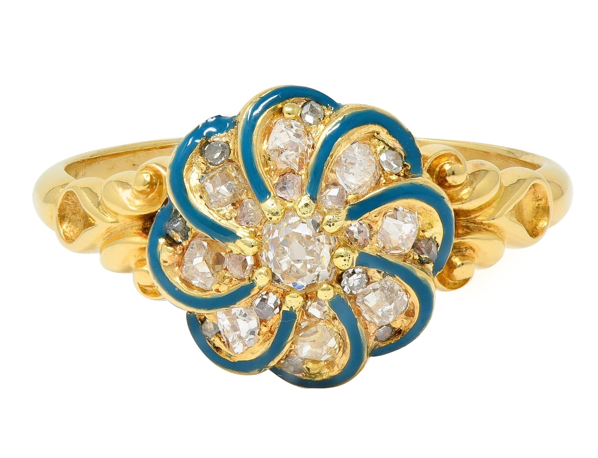 Victorian Diamond Teal Enamel 18K Gold Antique Swirling Floral Cluster Ring