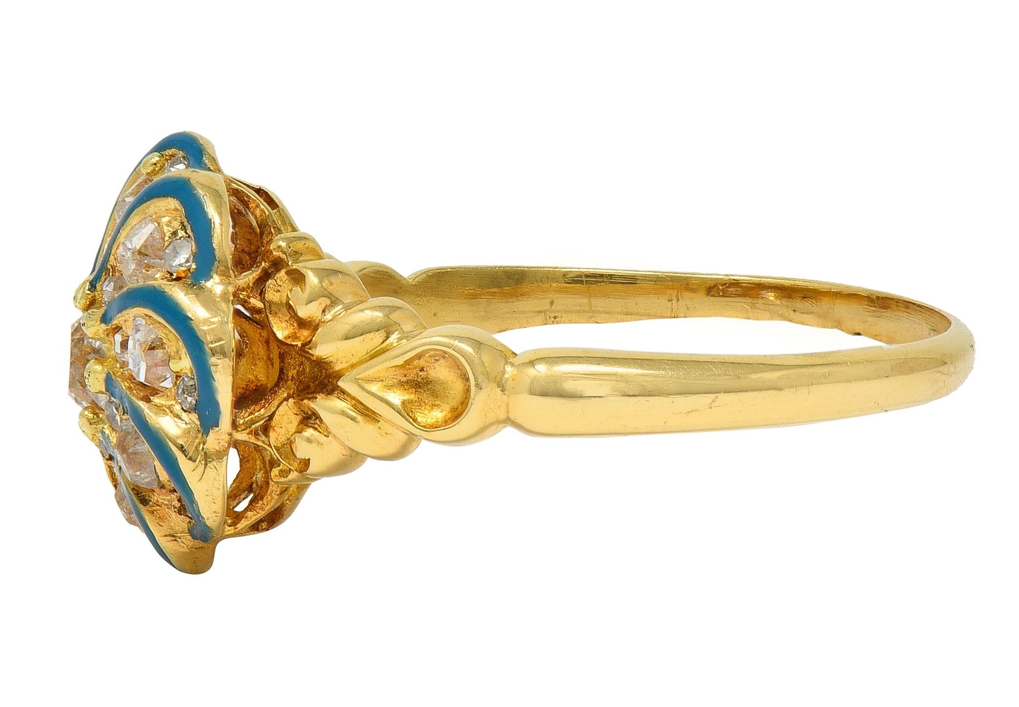 Victorian Diamond Teal Enamel 18K Gold Antique Swirling Floral Cluster Ring