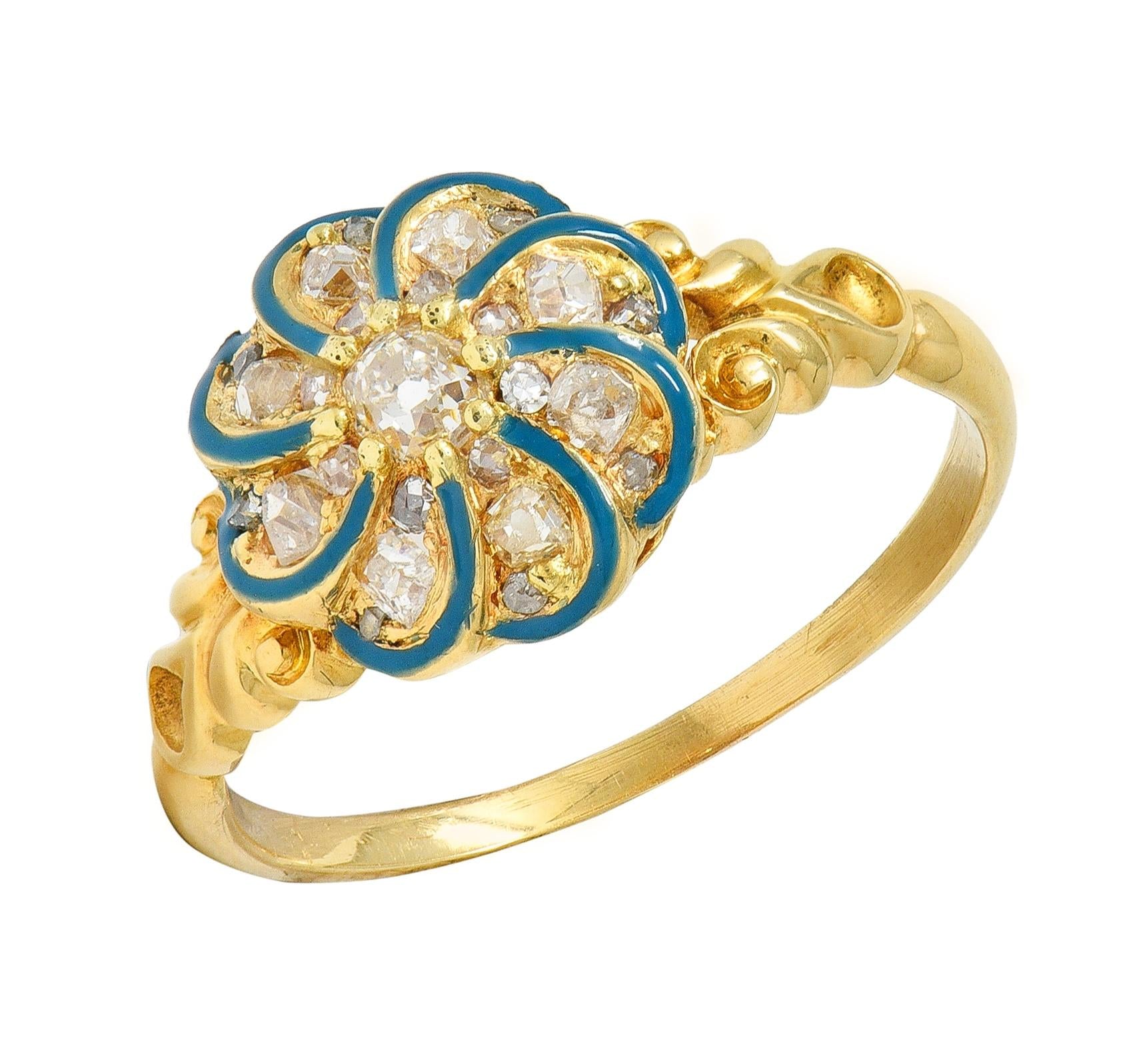 Victorian Diamond Teal Enamel 18K Gold Antique Swirling Floral Cluster Ring