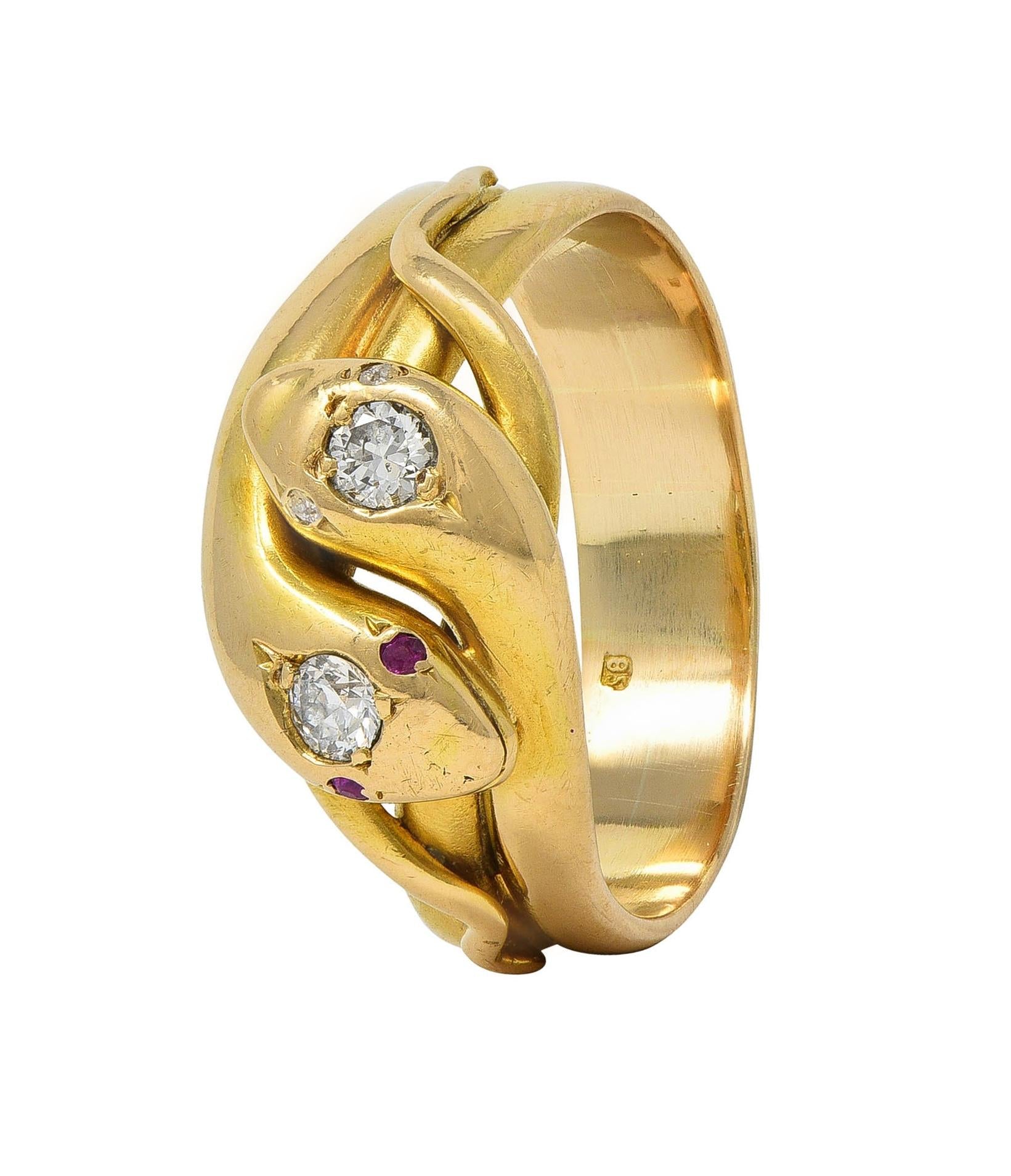 Victorian Diamond 14 Karat Yellow Gold Antique Lovers Knot Unisex Snake Ring