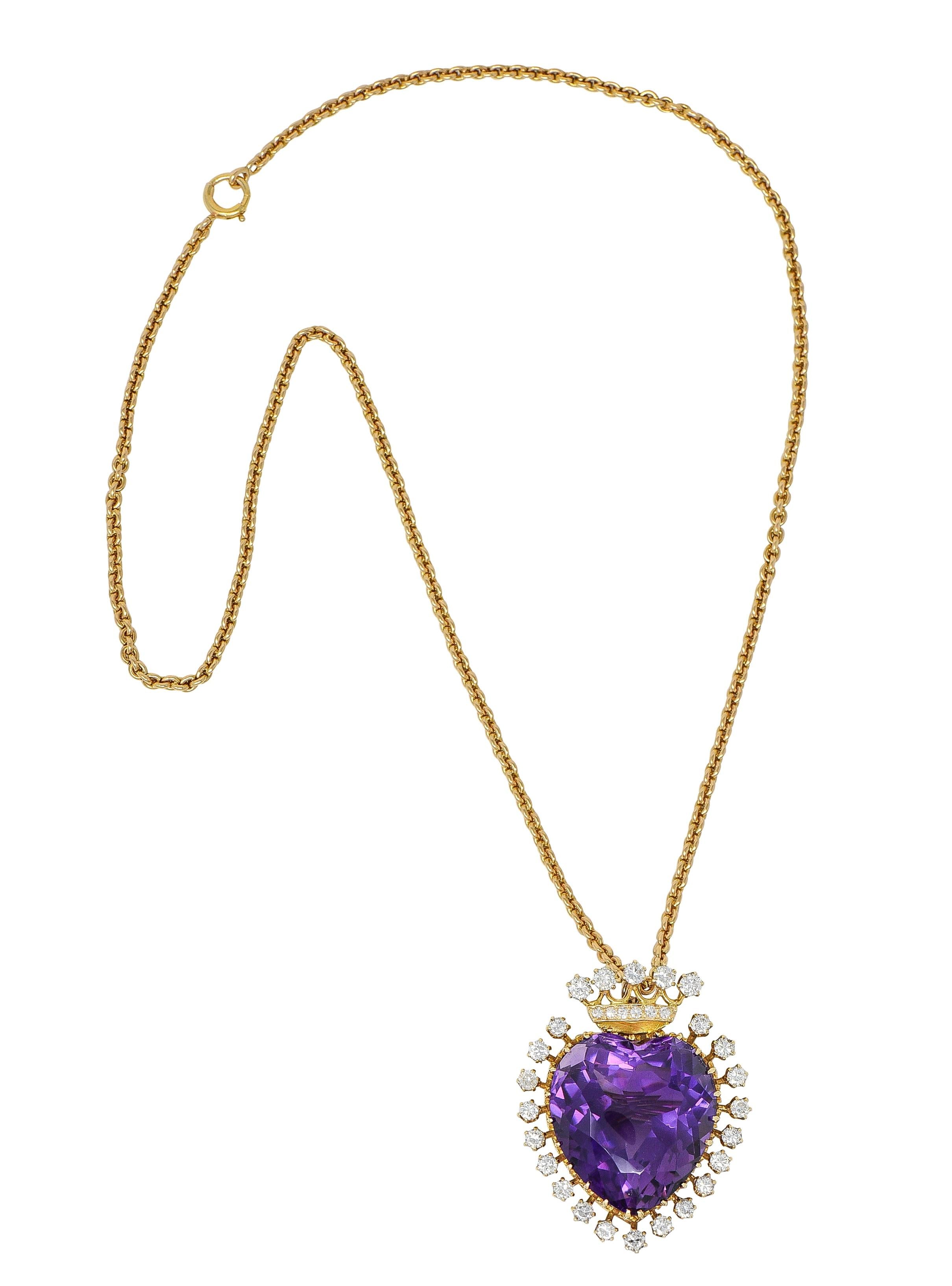 1960's Victorian Revival Amethyst 14K Gold Vintage Heart Pendant Necklace