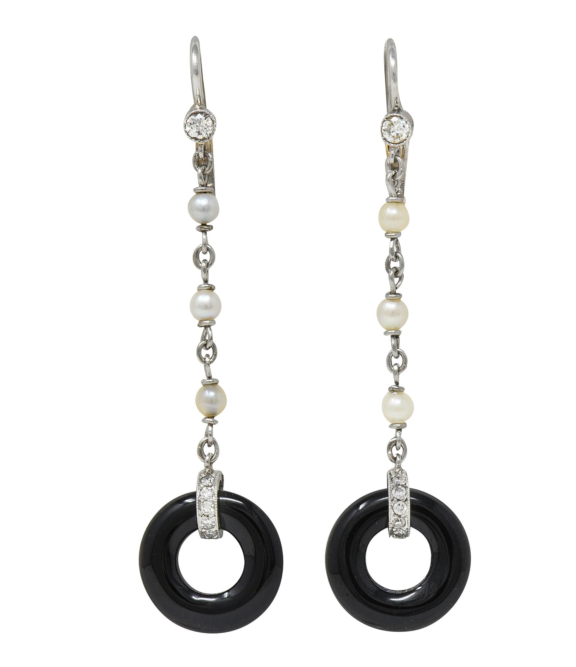 Art Deco Diamond Onyx Pearl Platinum 18 Karat Gold Antique Drop Earrings