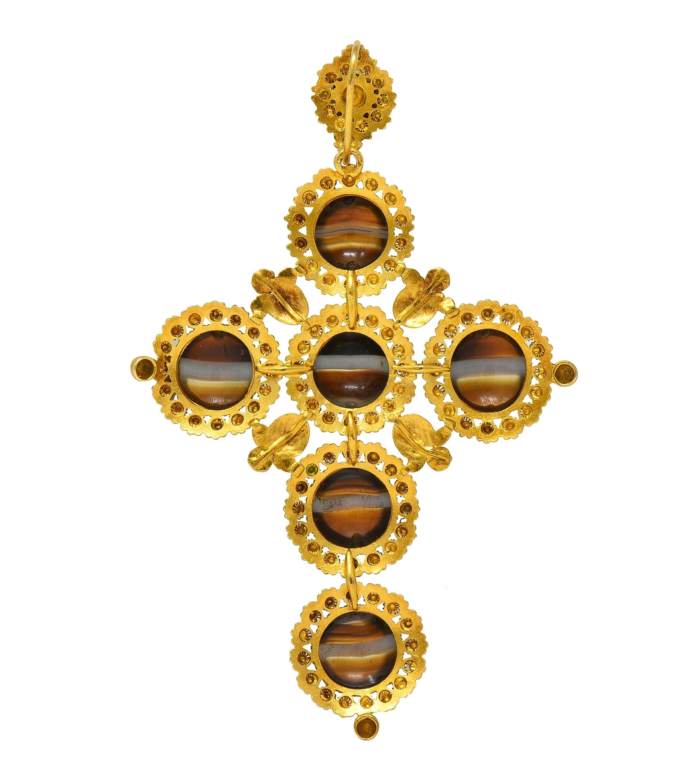 Victorian Etruscan Revival Sardonyx 18K Gold Antique Cross Pendant