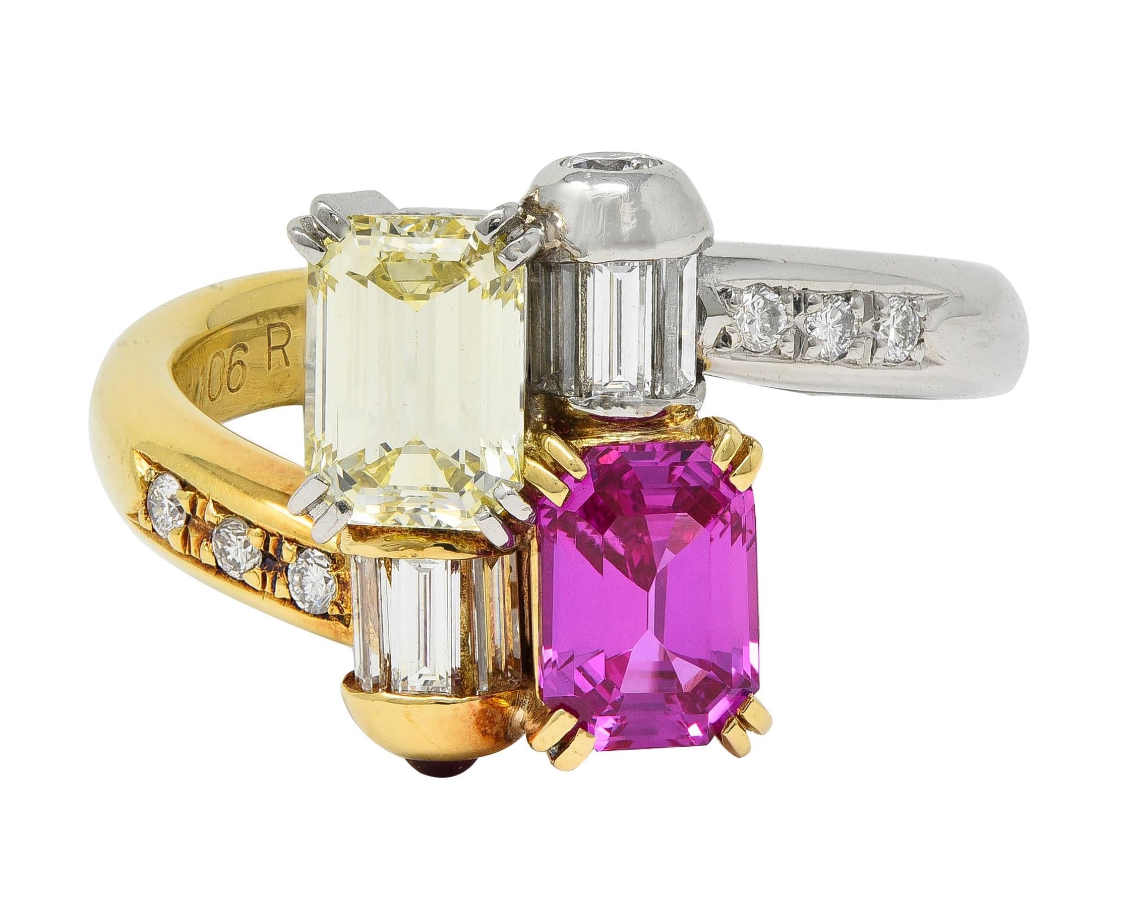 2000's Pink Sapphire Fancy Yellow Diamond Ruby Platinum 18K Gold Toi-Et-Moi Ring