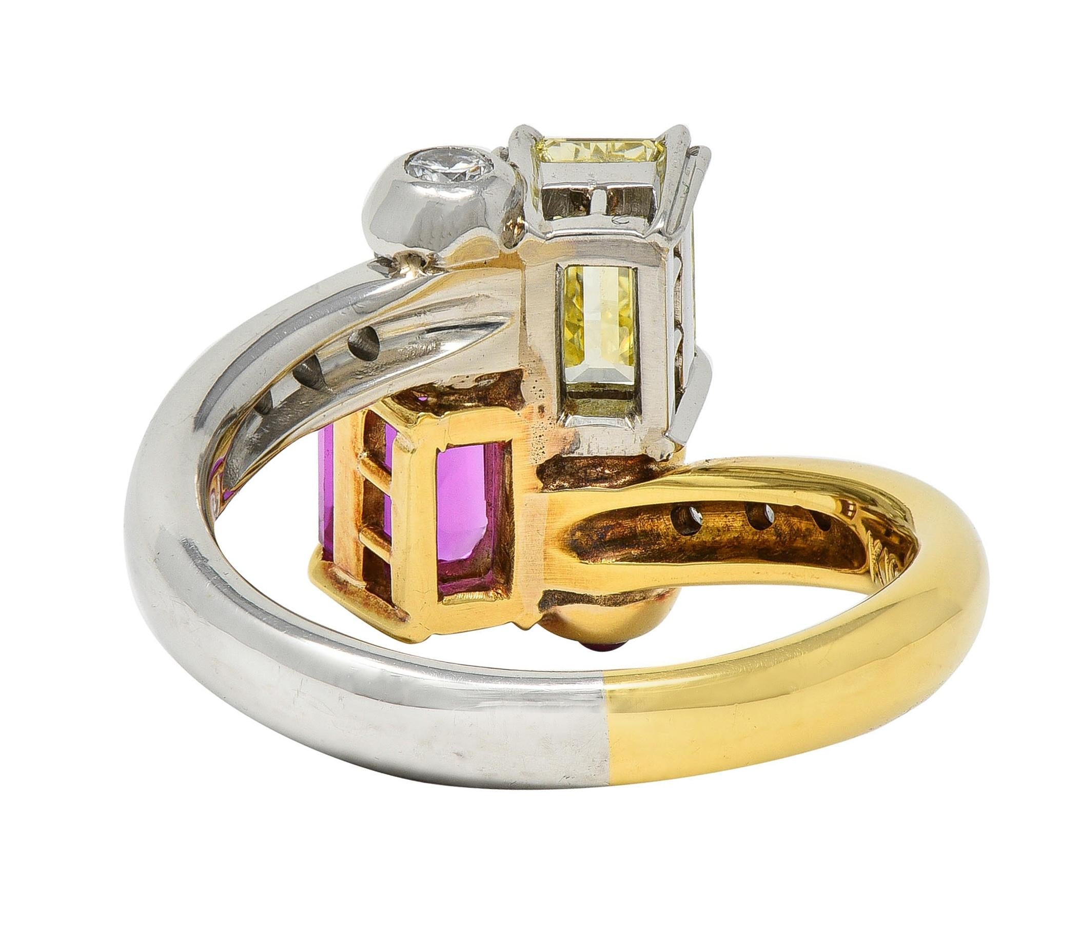 2000's Pink Sapphire Fancy Yellow Diamond Ruby Platinum 18K Gold Toi-Et-Moi Ring