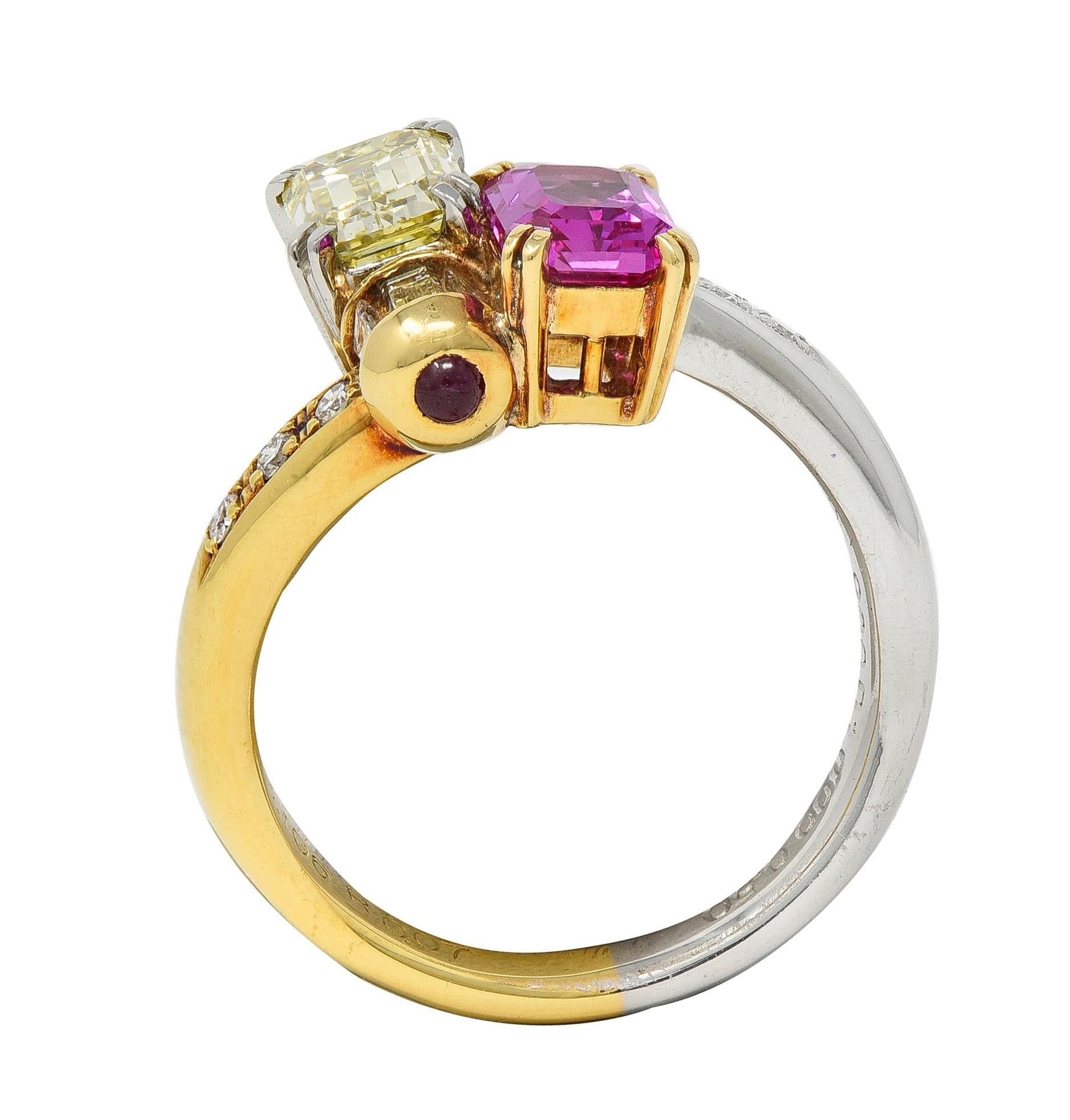 2000's Pink Sapphire Fancy Yellow Diamond Ruby Platinum 18K Gold Toi-Et-Moi Ring