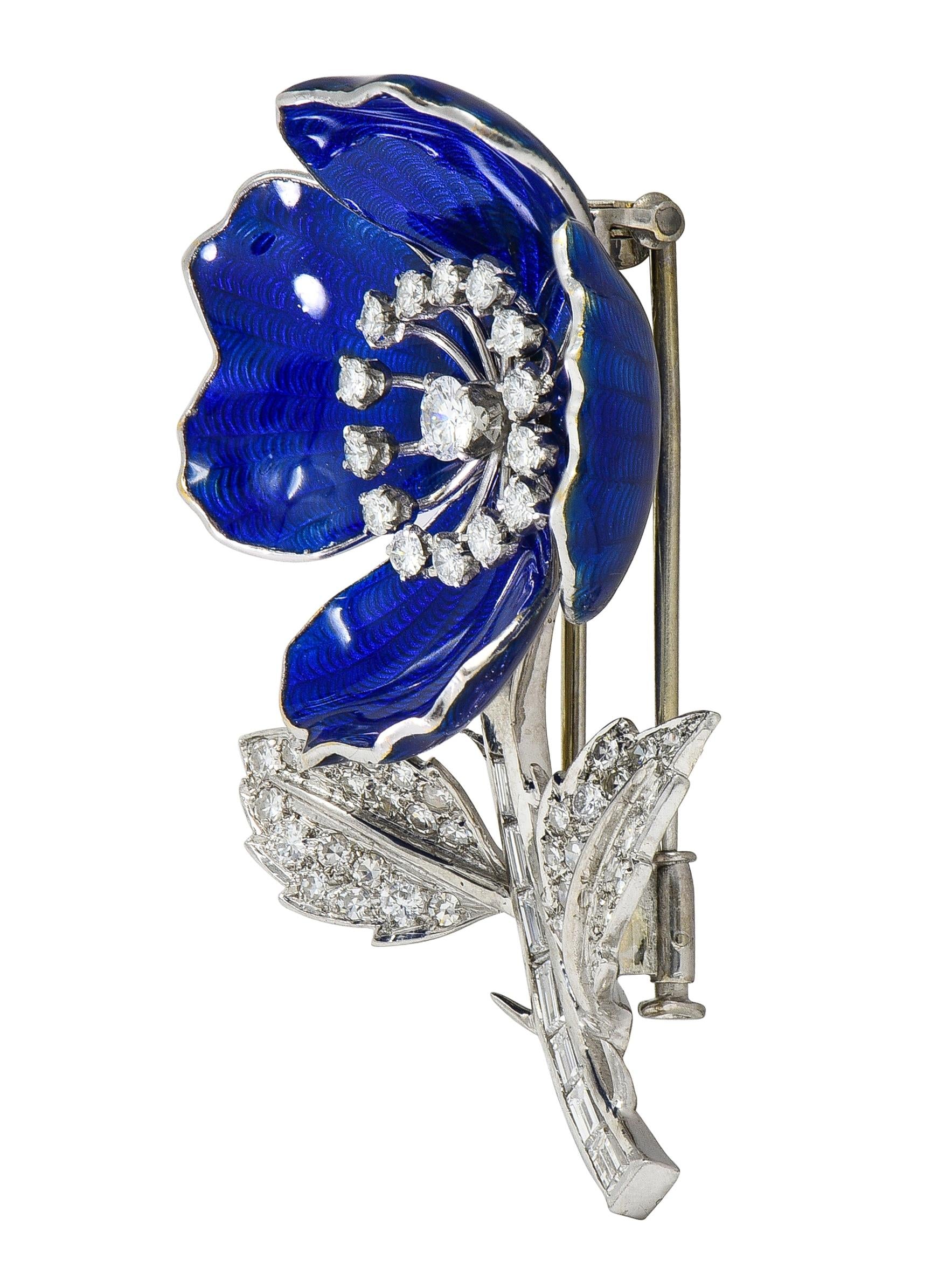 Boucheron Paris Diamond Enamel Platinum 18K Gold Vintage Eglantine Flower Brooch