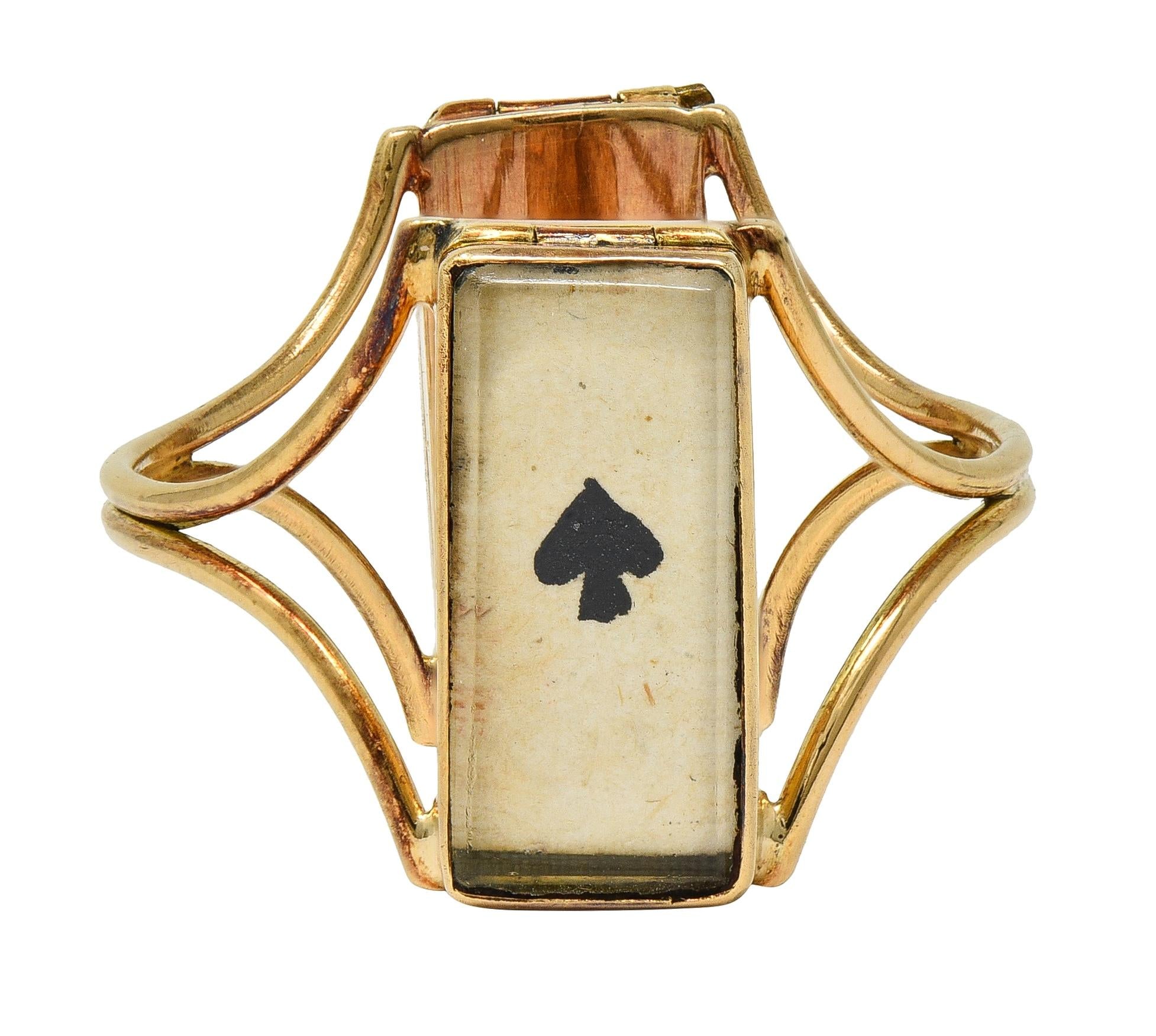 Georgian Quartz 14K Yellow Gold Antique Playing Card Double Compartment Ring