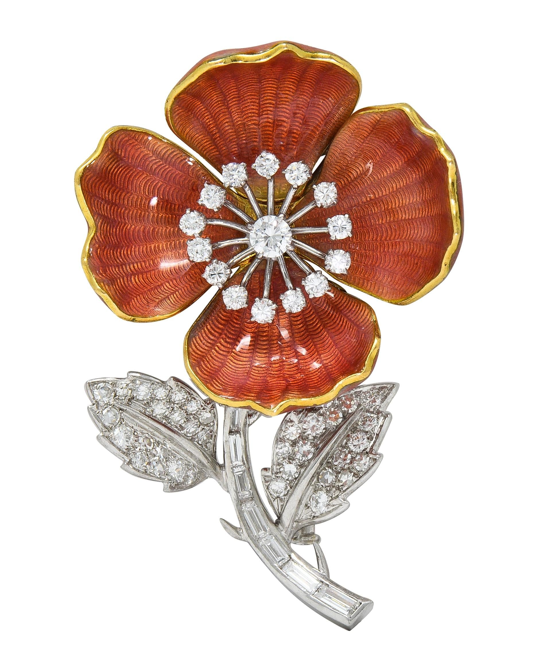 Boucheron Paris Diamond Enamel Platinum 18K Gold Vintage Eglantine Flower Brooch