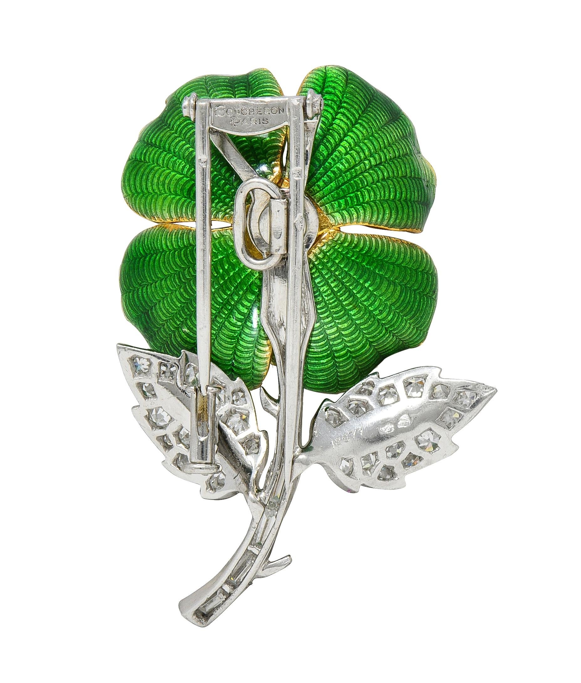 Boucheron Paris Diamond Enamel Platinum 18K Vintage Eglantine Brooch Earring Set