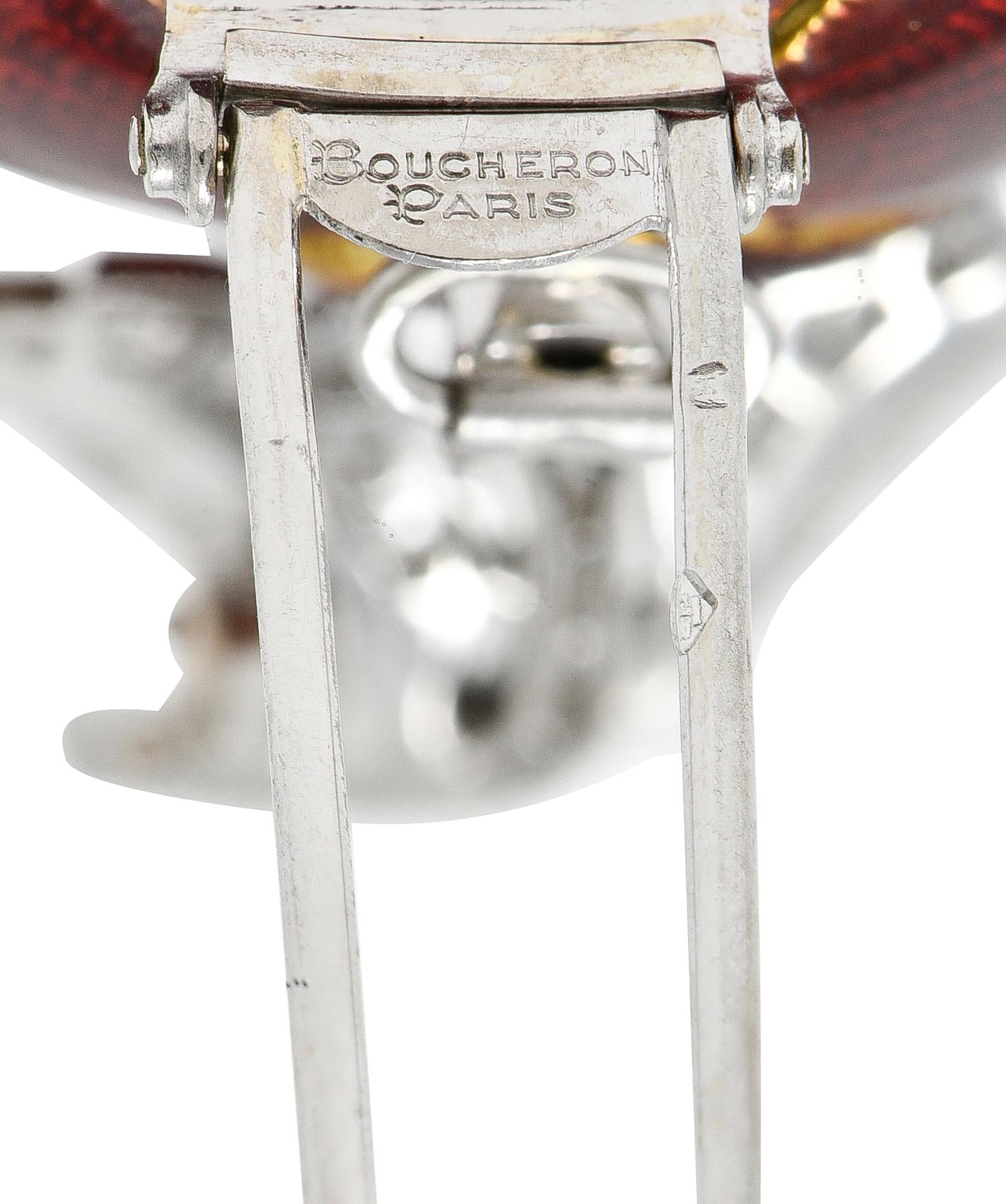 Boucheron Paris Diamond Enamel Platinum 18K Vintage Eglantine Brooch Earring Set