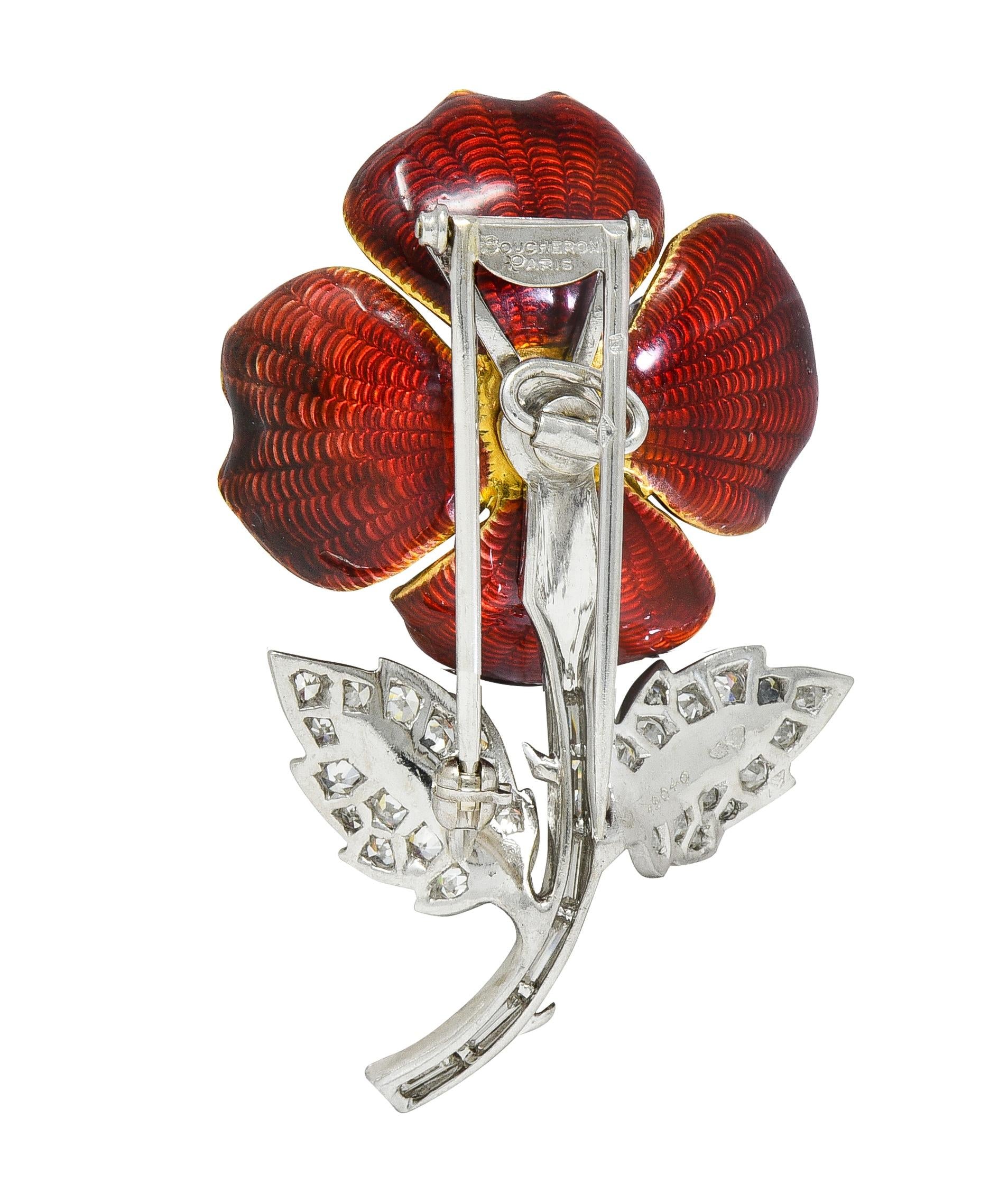 Boucheron Paris Diamond Enamel Platinum 18K Vintage Eglantine Brooch Earring Set