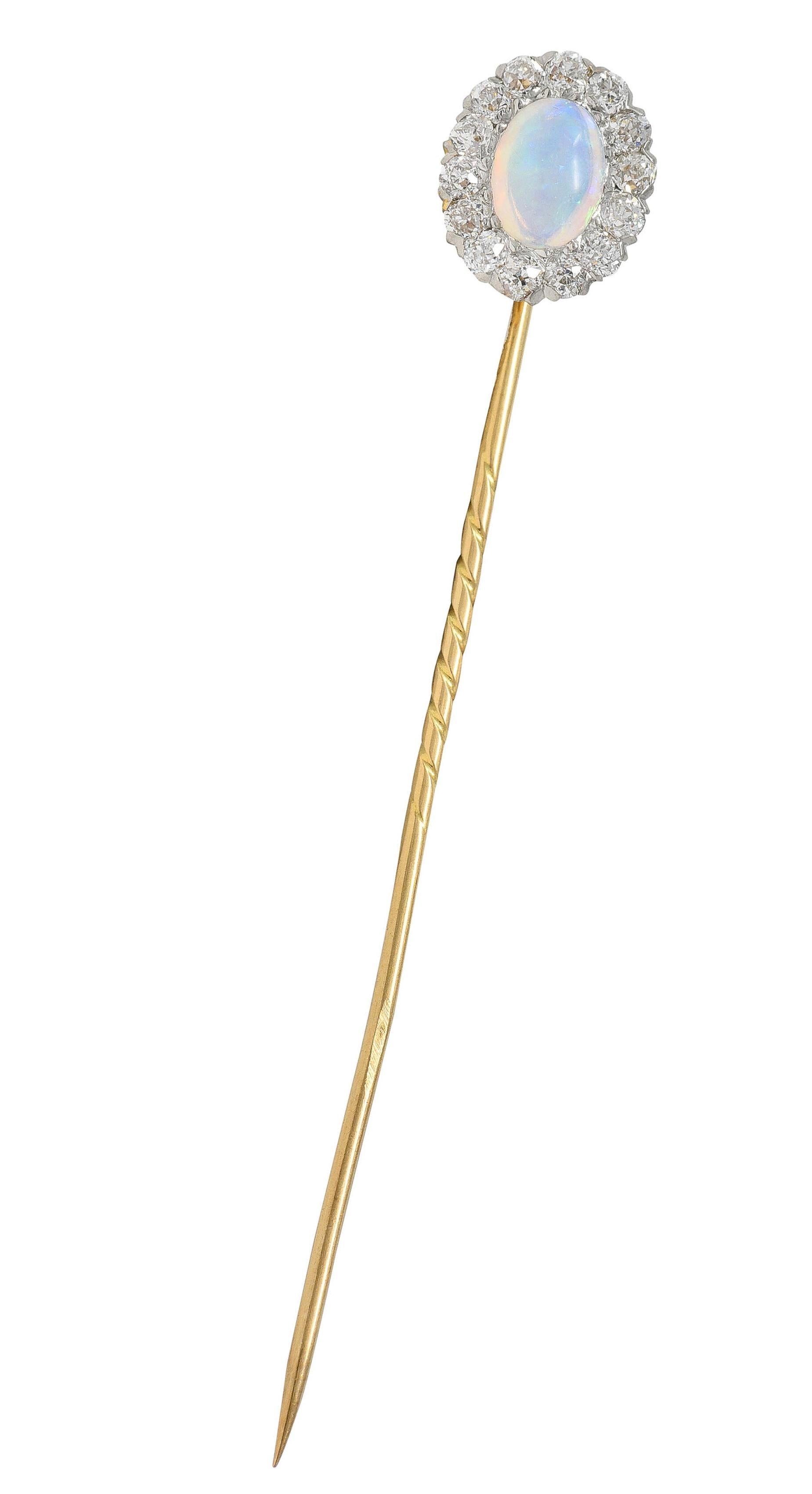 Edwardian Jelly Opal Diamond 14 Karat Yellow Gold Antique Halo Stickpin