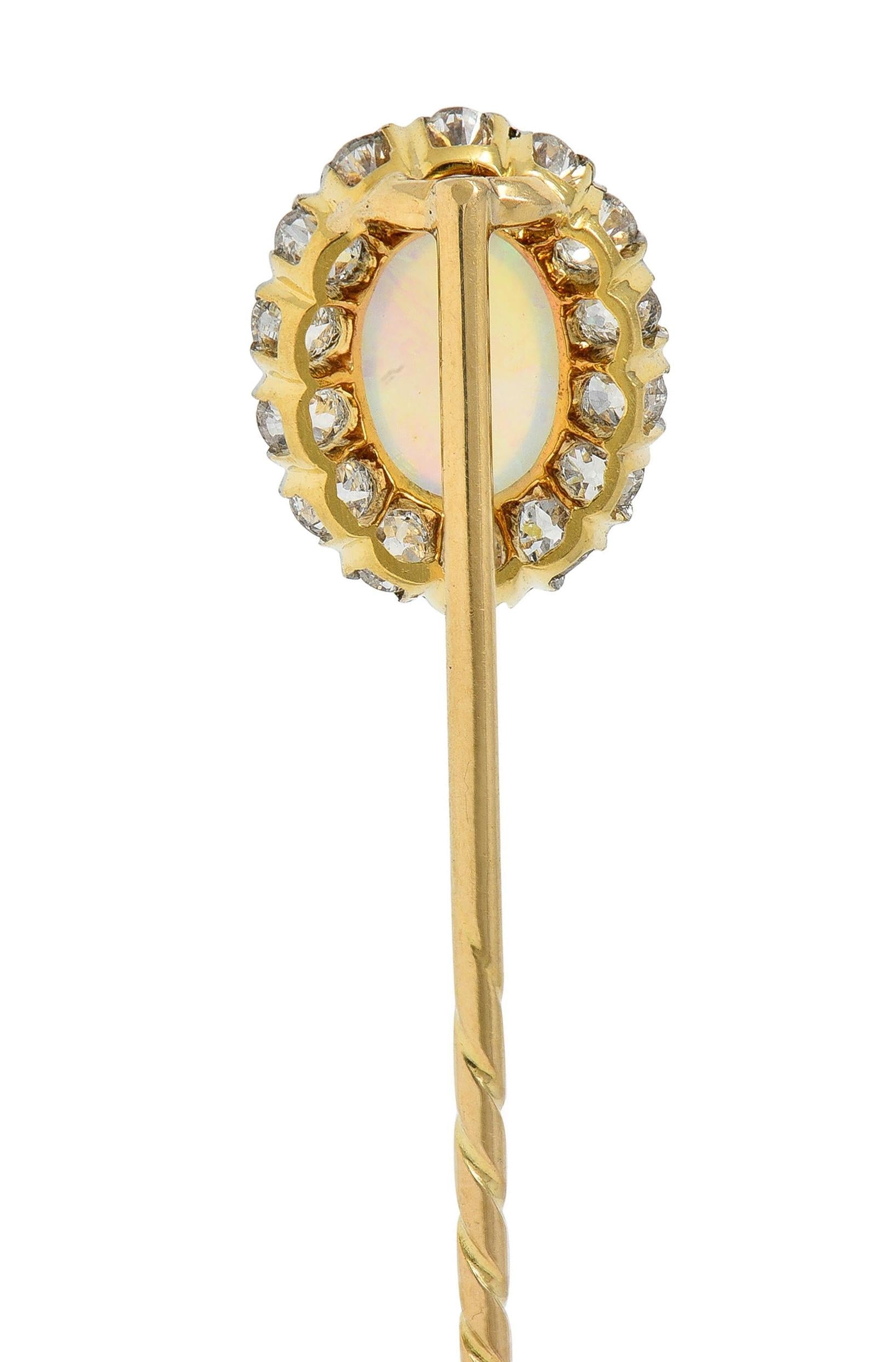 Edwardian Jelly Opal Diamond 14 Karat Yellow Gold Antique Halo Stickpin