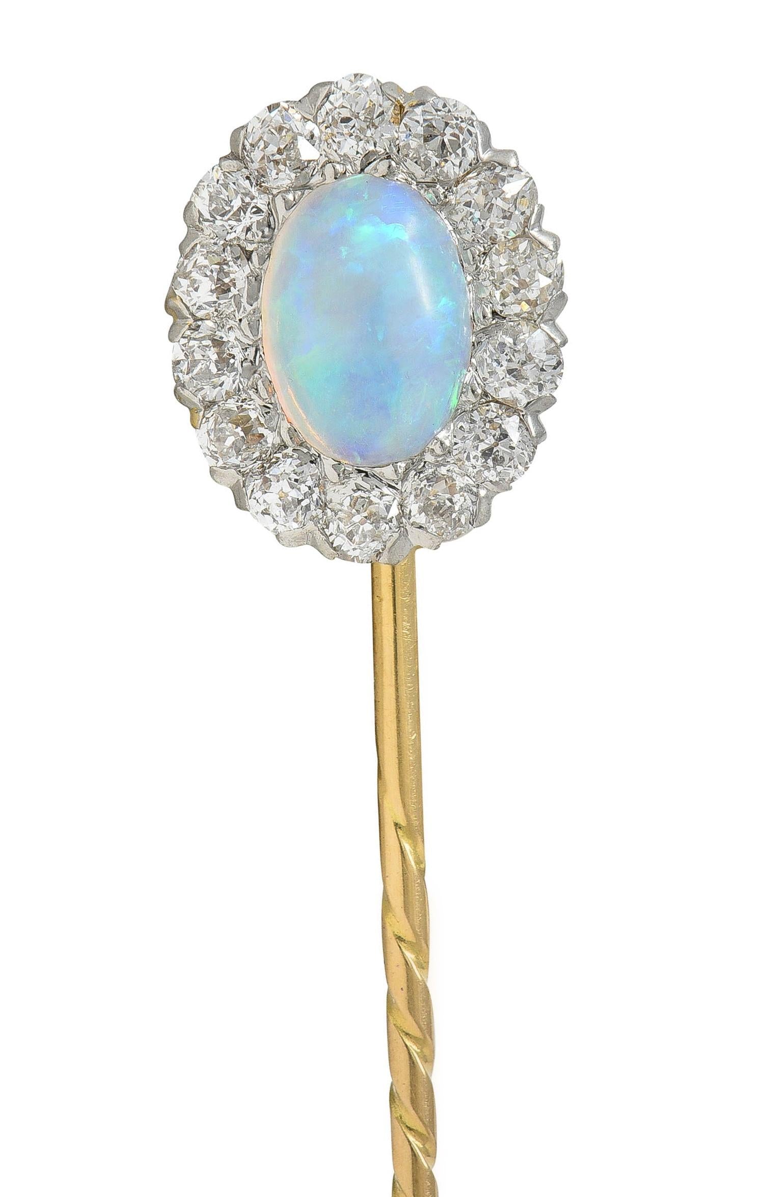 Edwardian Jelly Opal Diamond 14 Karat Yellow Gold Antique Halo Stickpin