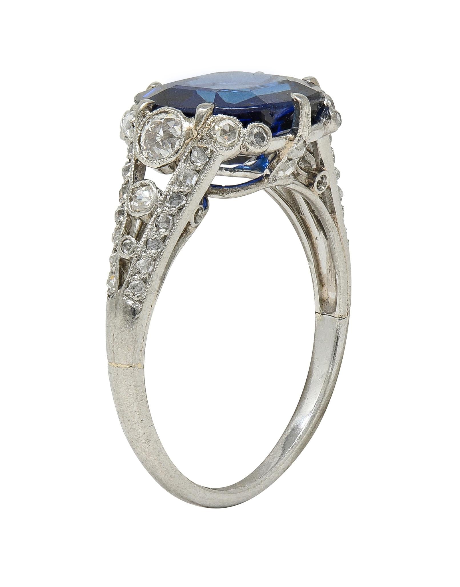 French Art Deco 4.37 CTW No Heat Burma Sapphire Platinum Antique Burmese Ring