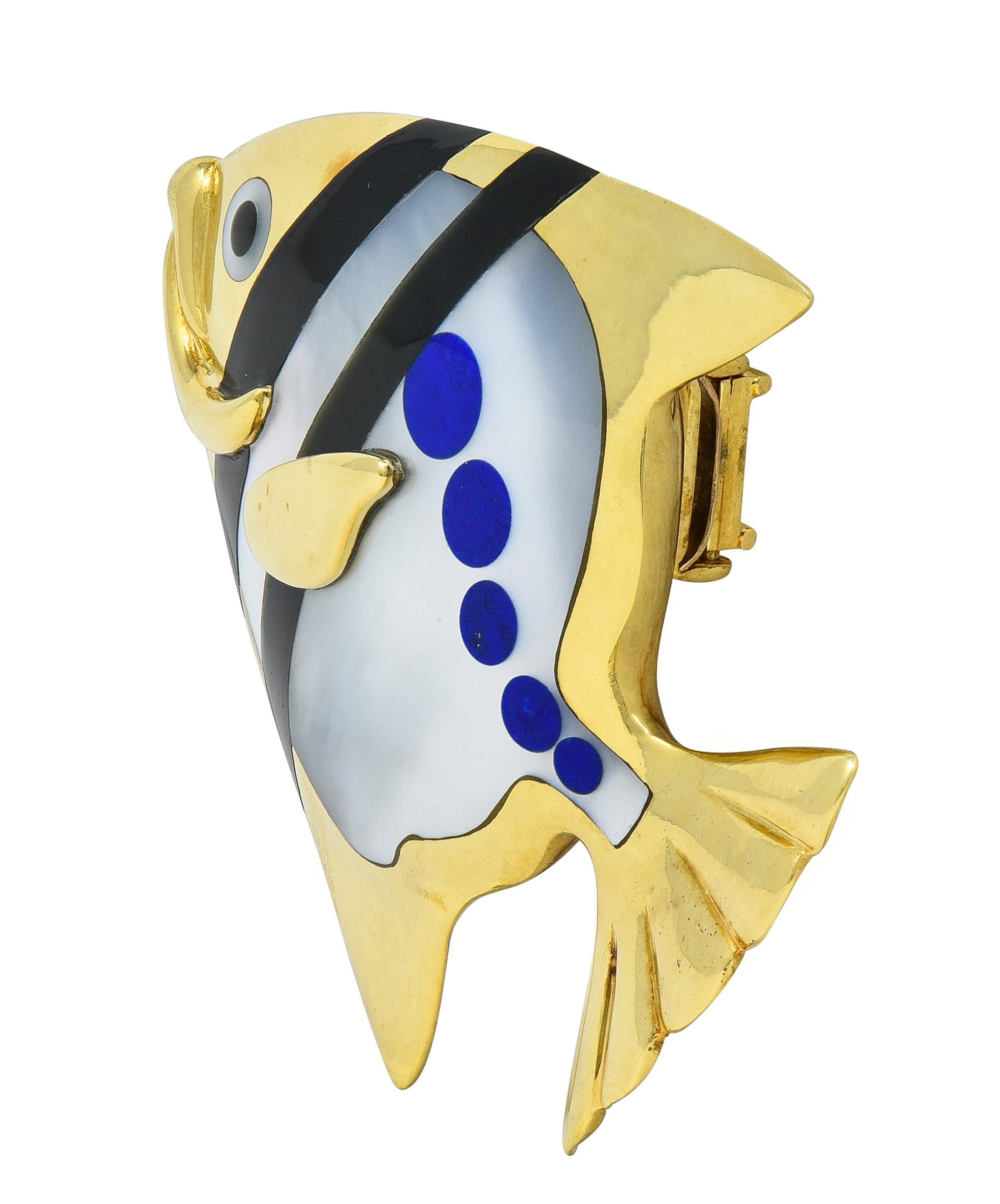 Angela Cummings Tiffany & Co. 1970 Inlaid Multi-Gem 18K Gold Angel Fish Brooch