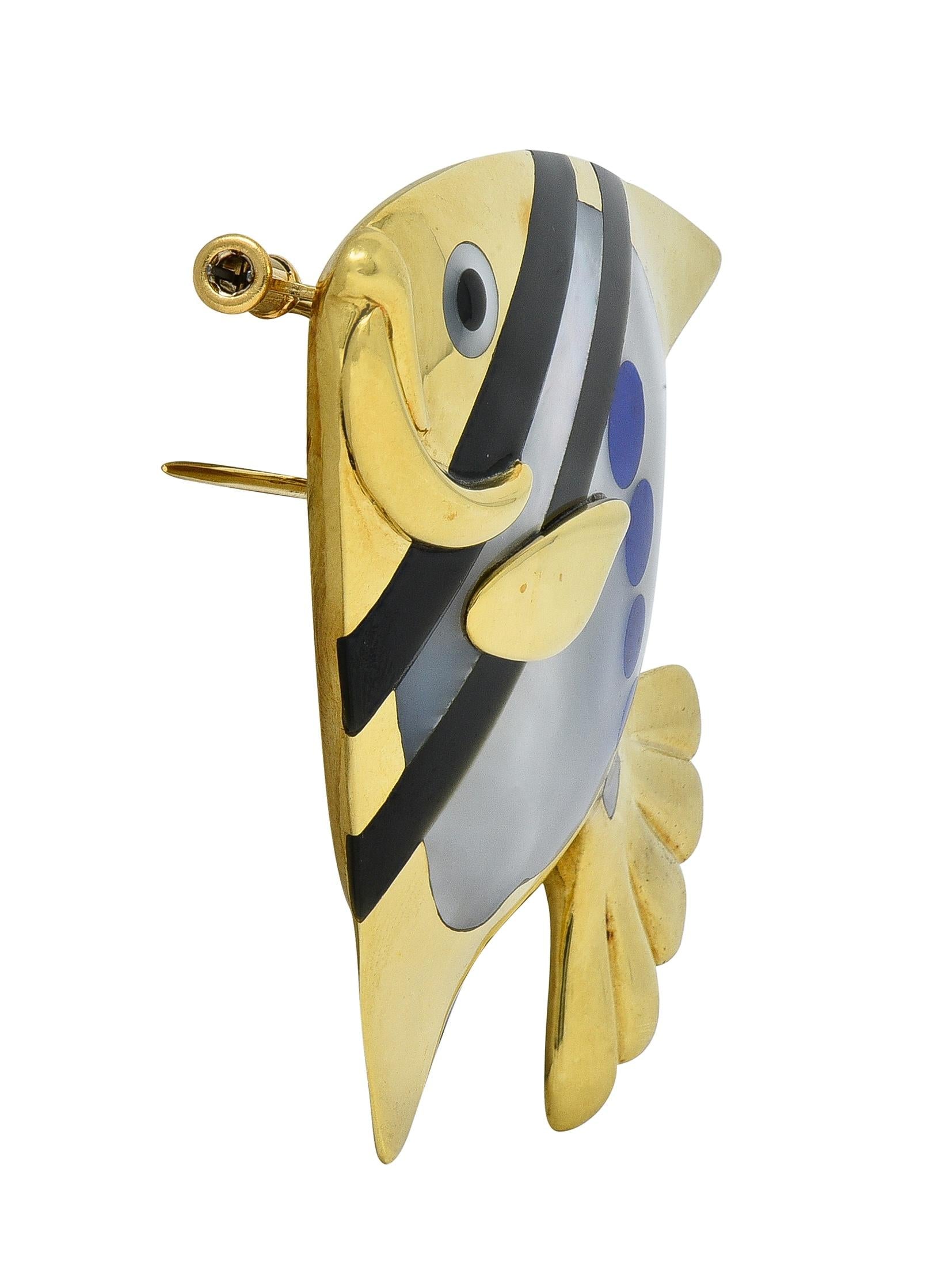 Angela Cummings Tiffany & Co. 1970 Inlaid Multi-Gem 18K Gold Angel Fish Brooch