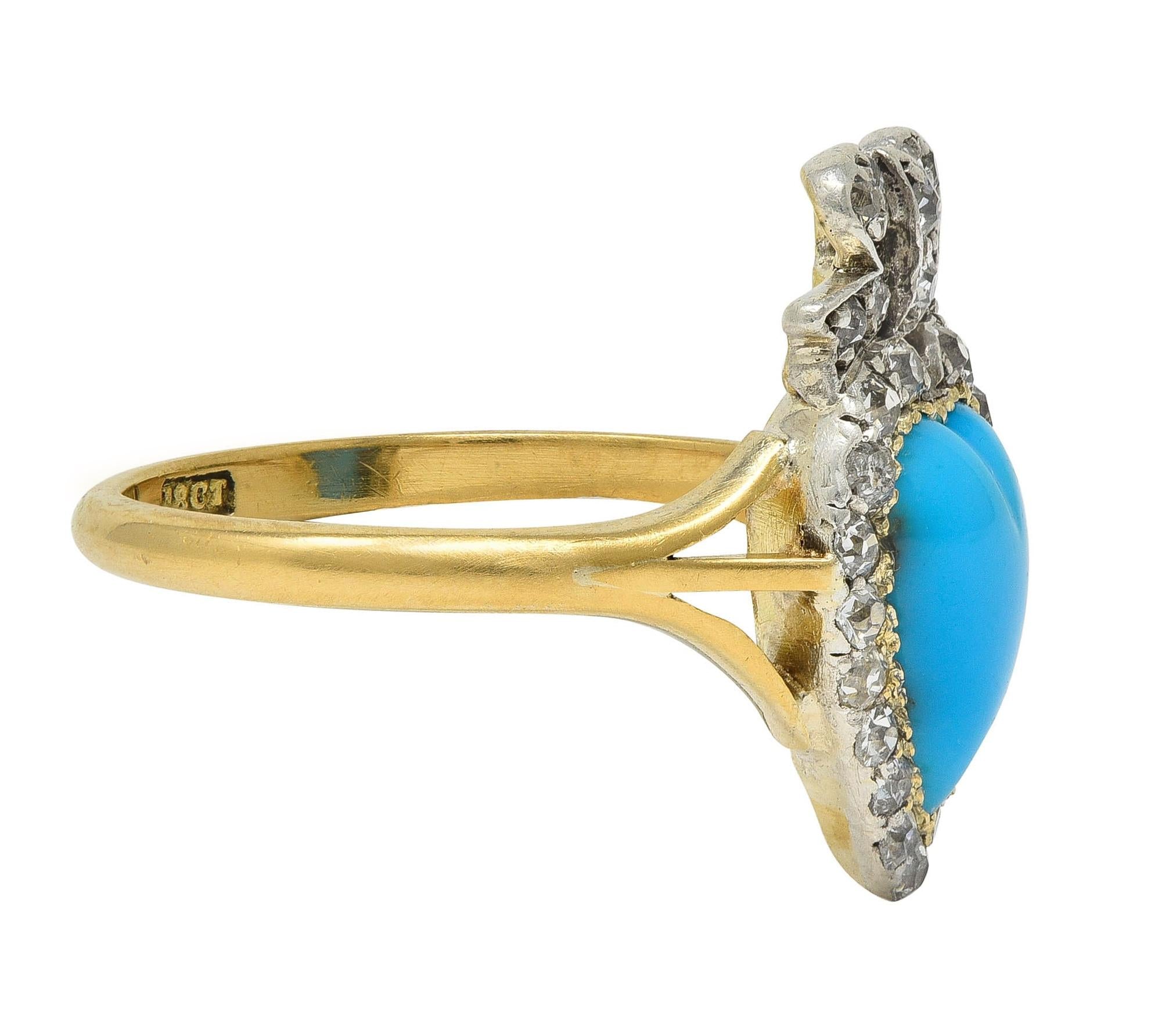 Victorian Turquoise Cabochon Diamond 18 Karat Yellow Gold Antique Heart Bow Ring