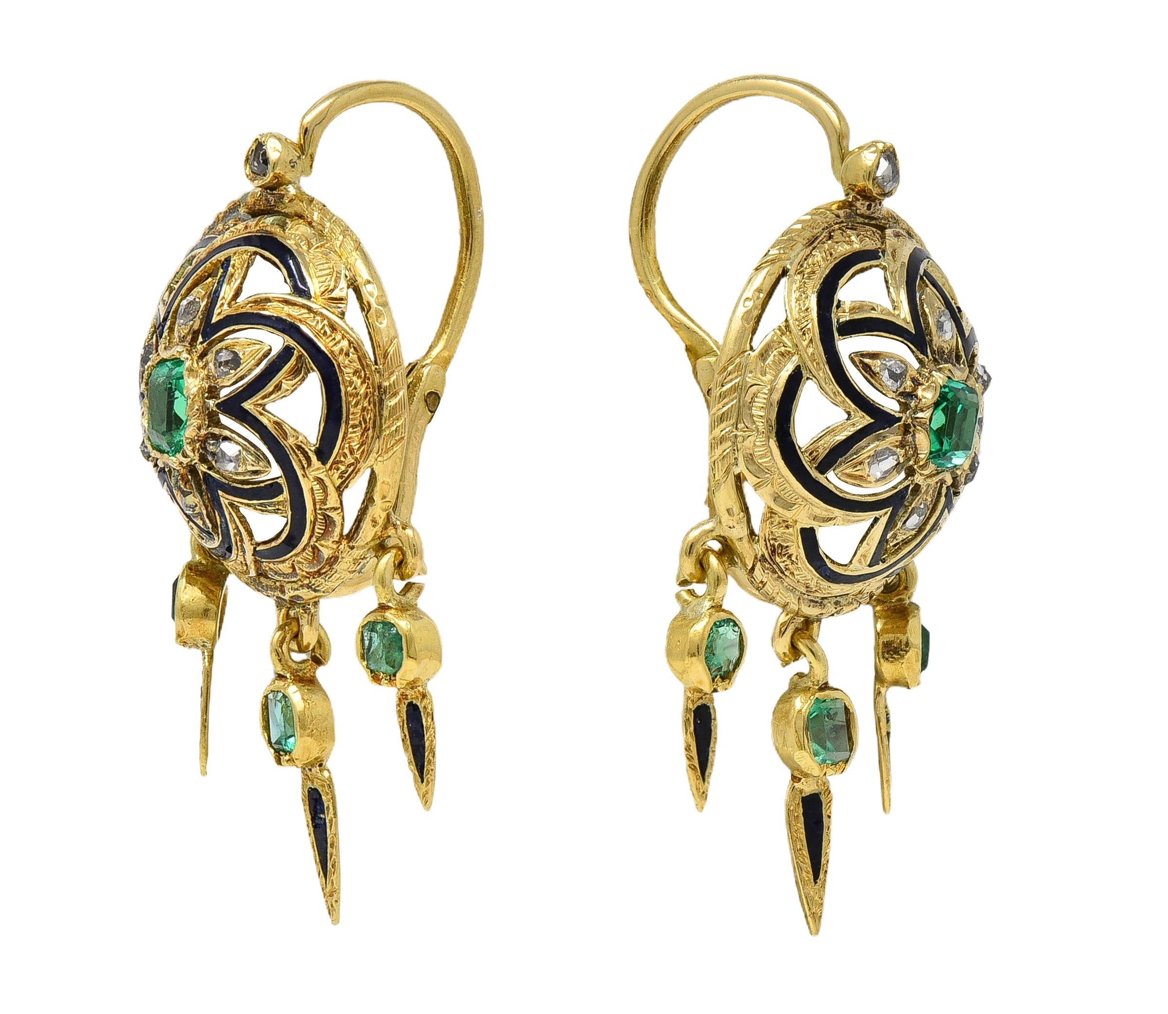 Victorian 1.80 CTW Emerald Diamond Enamel 18K Antique Fringe Drop Earrings