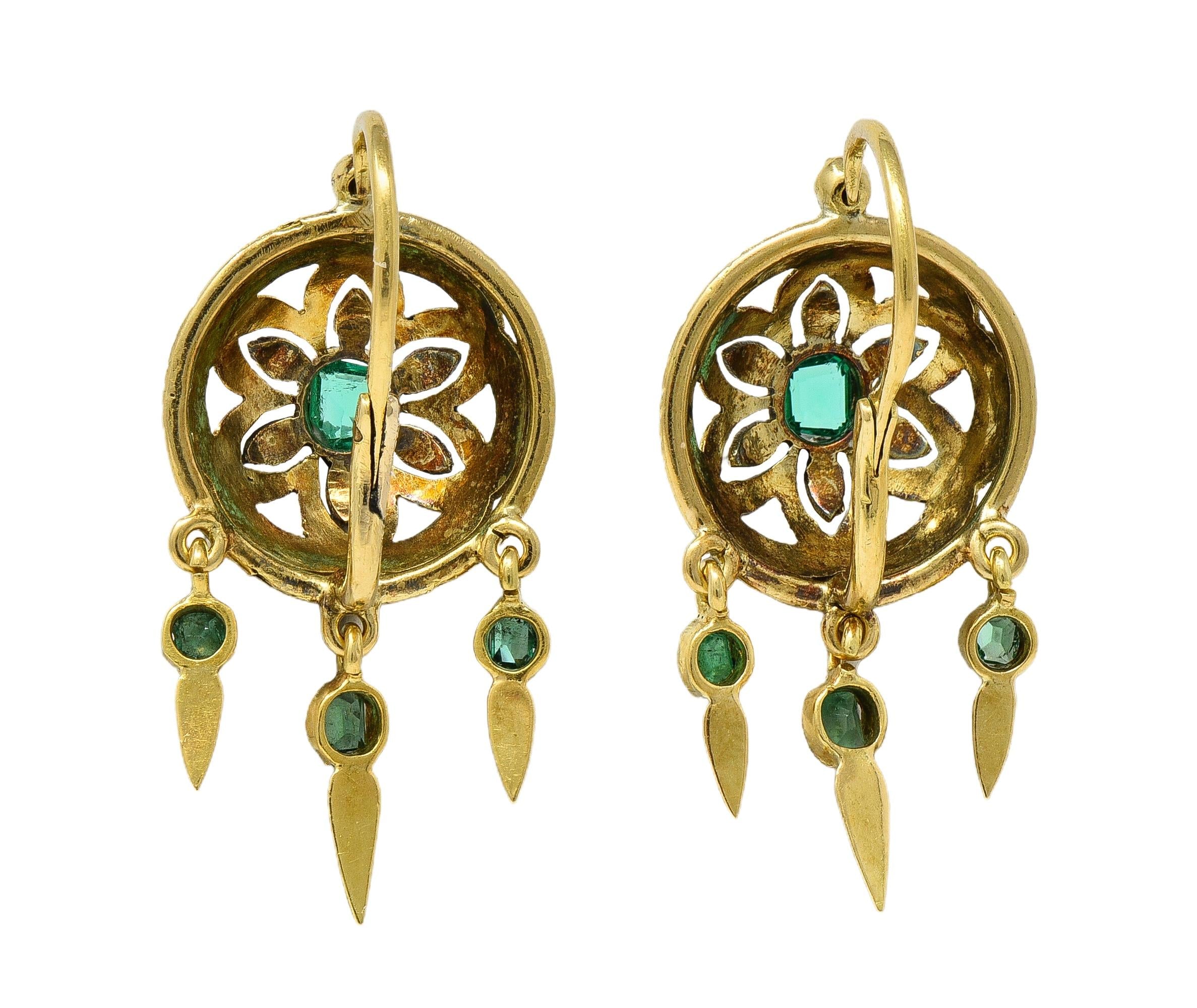 Victorian 1.80 CTW Emerald Diamond Enamel 18K Antique Fringe Drop Earrings