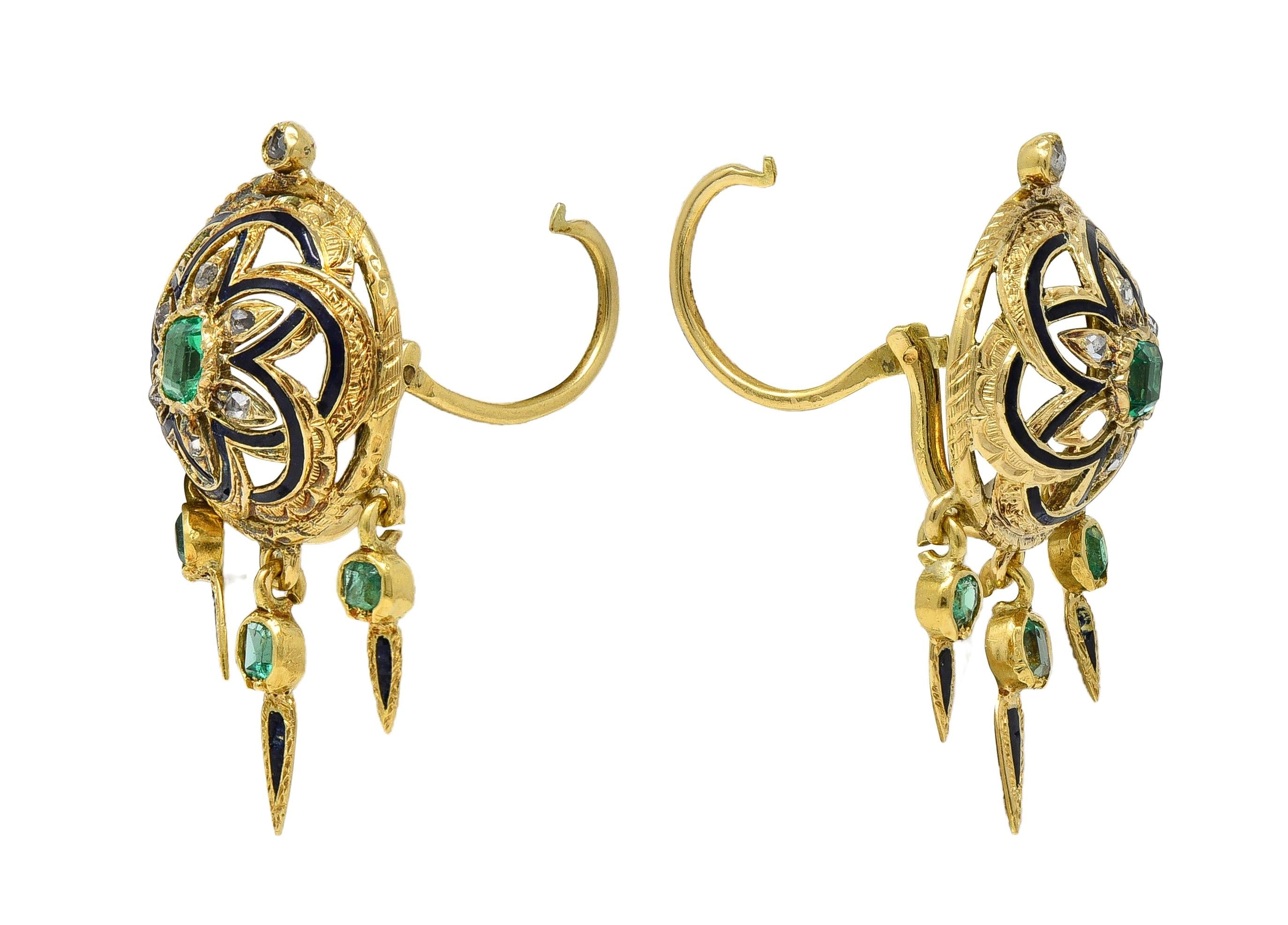 Victorian 1.80 CTW Emerald Diamond Enamel 18K Antique Fringe Drop Earrings