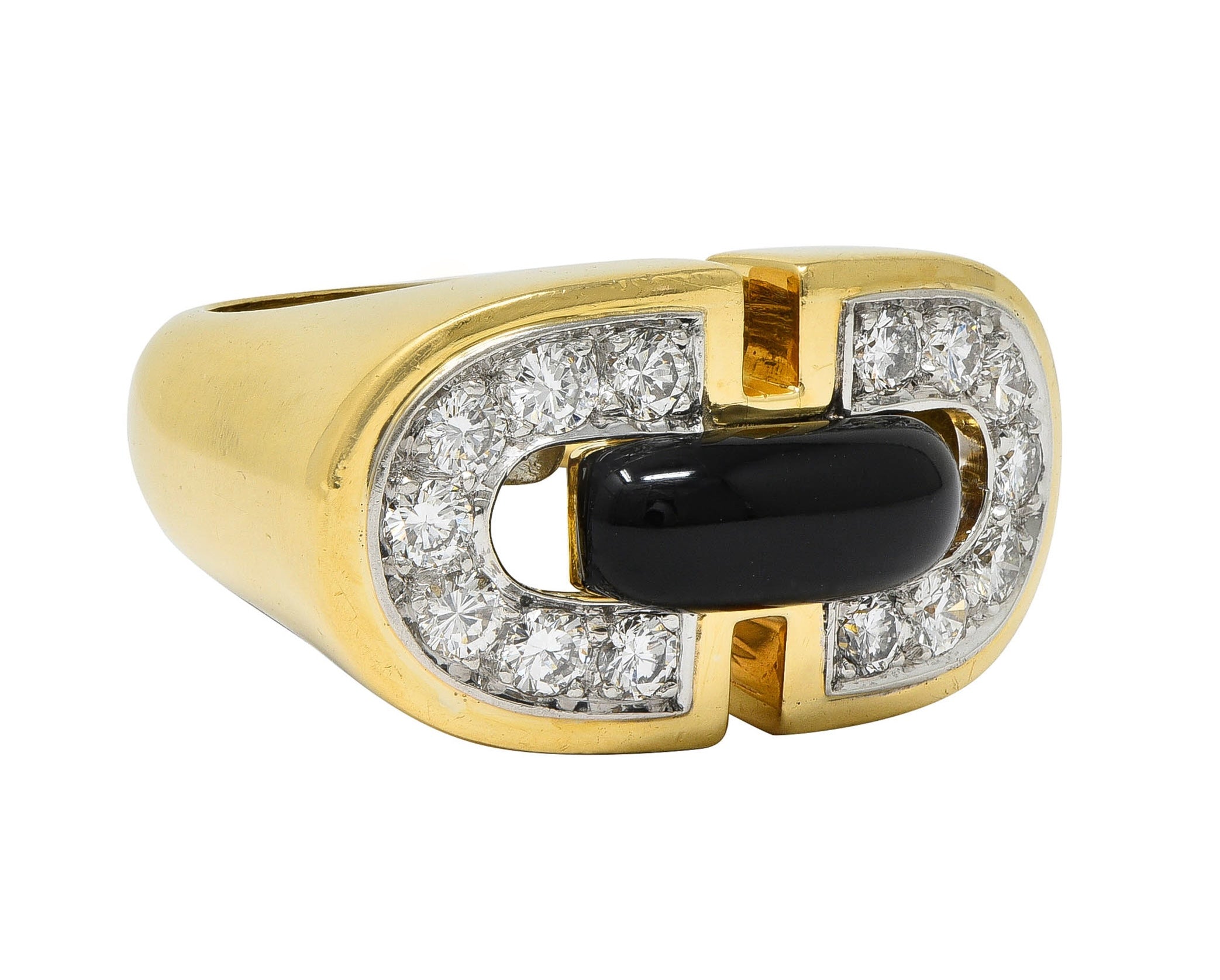 David Webb 1980's Diamond Enamel Platinum 18 Karat Yellow Gold Vintage Buckle Ring