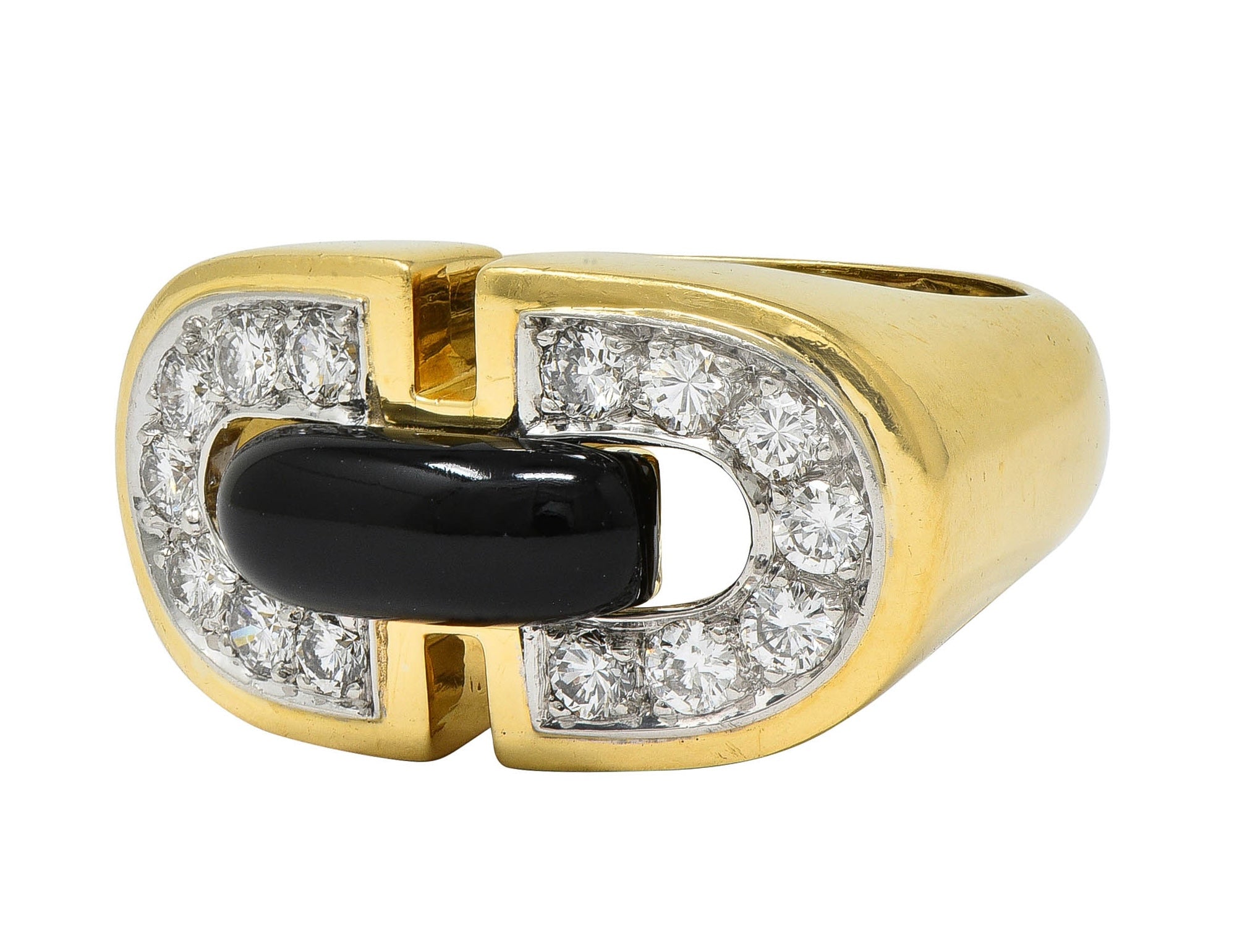 David Webb 1980's Diamond Enamel Platinum 18 Karat Yellow Gold Vintage Buckle Ring