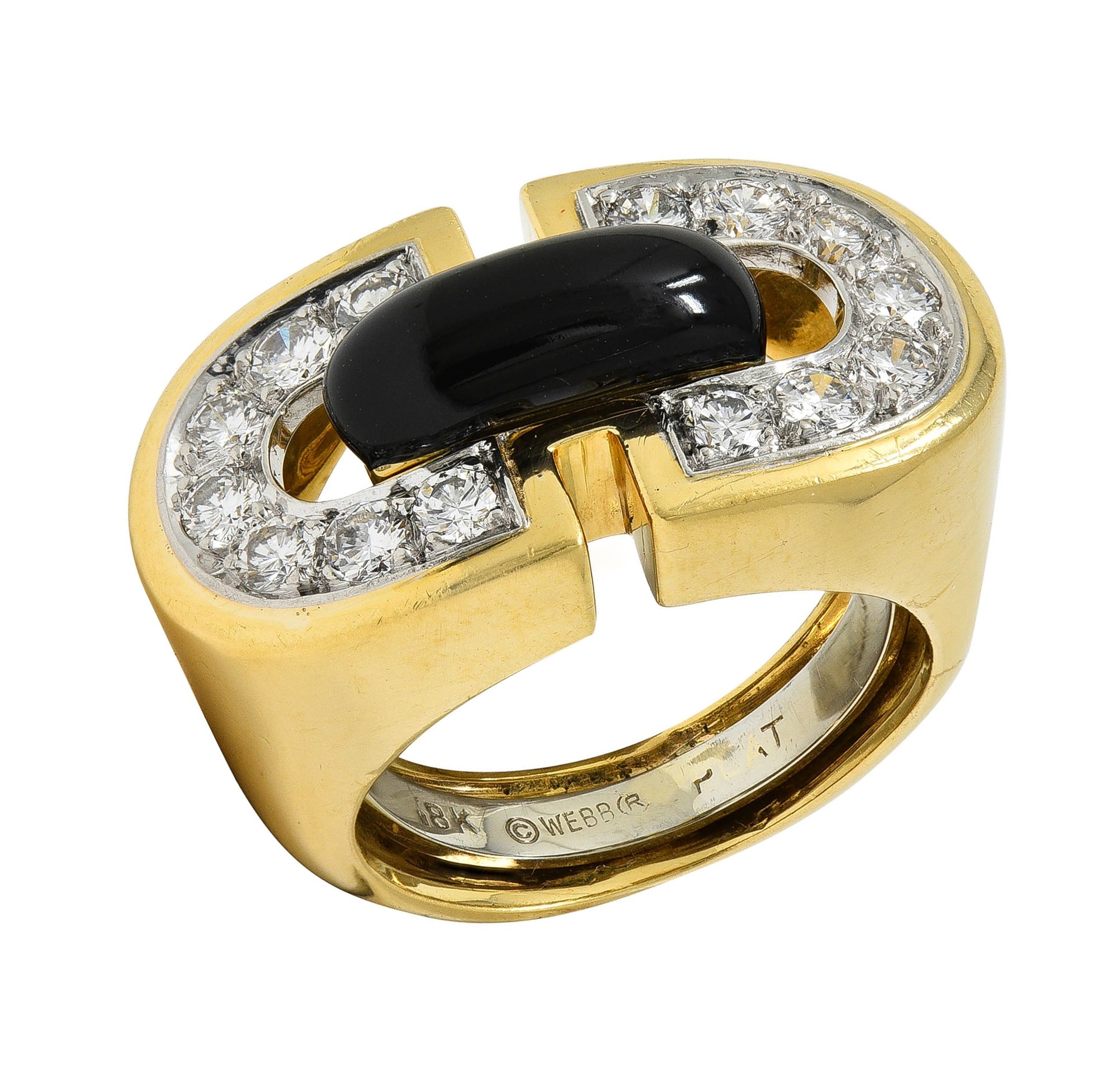 David Webb 1980's Diamond Enamel Platinum 18 Karat Yellow Gold Vintage Buckle Ring