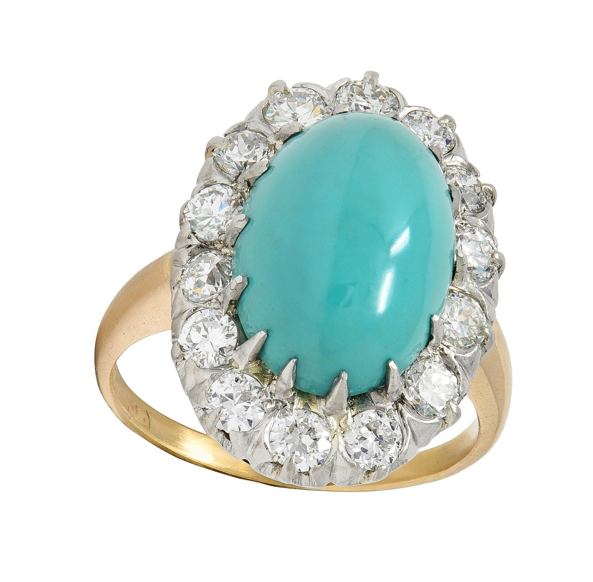 Edwardian Turquoise Diamond Platinum 14 Karat Yellow Gold Antique Halo Ring