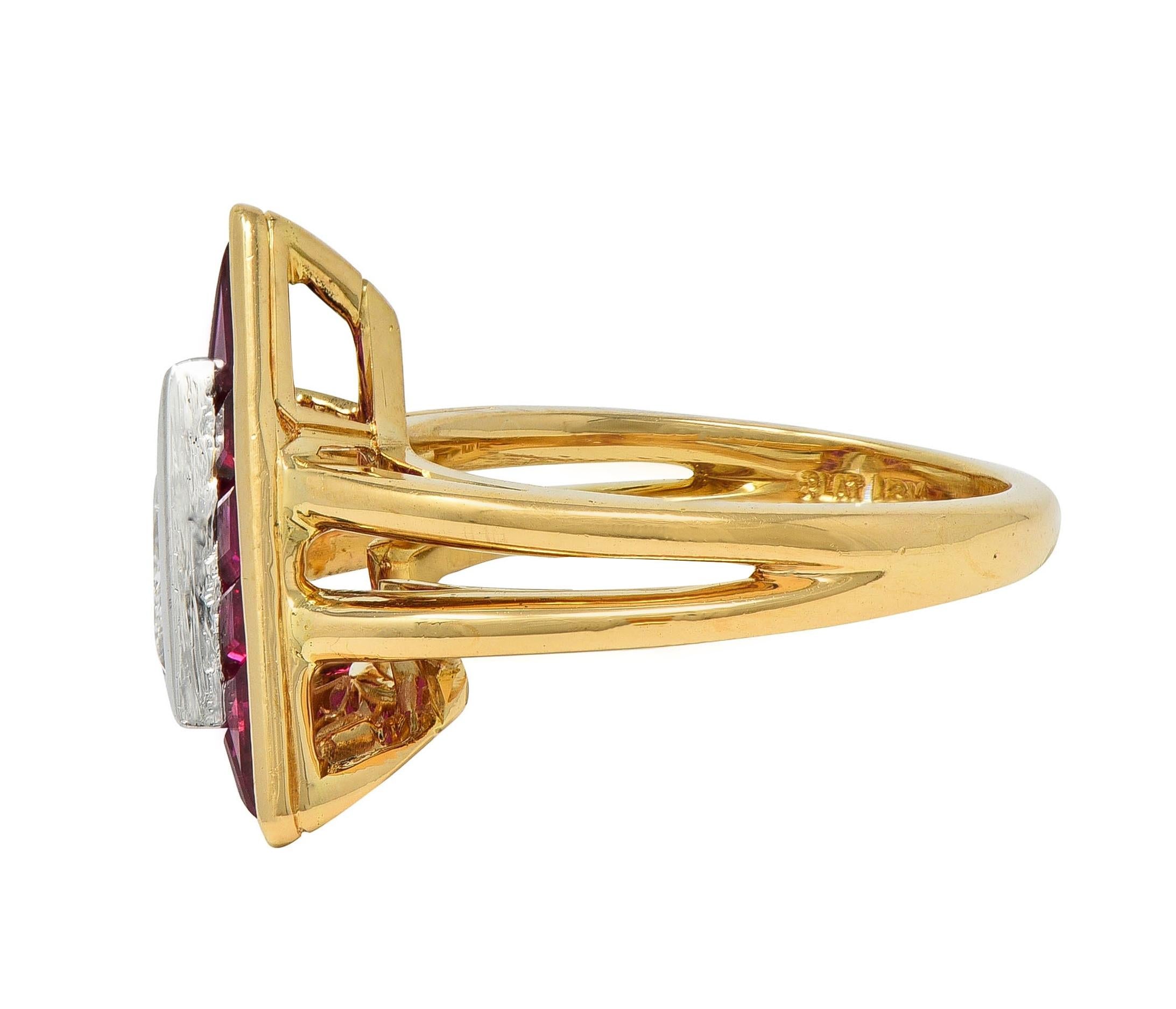 Oscar Heyman Trilliant Cut Diamond Ruby Platinum 18K Gold Triangle Halo Ring