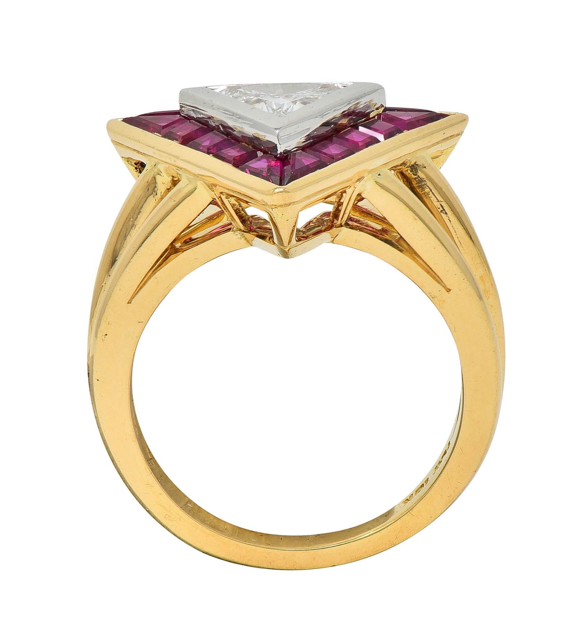 Oscar Heyman Trilliant Cut Diamond Ruby Platinum 18K Gold Triangle Halo Ring