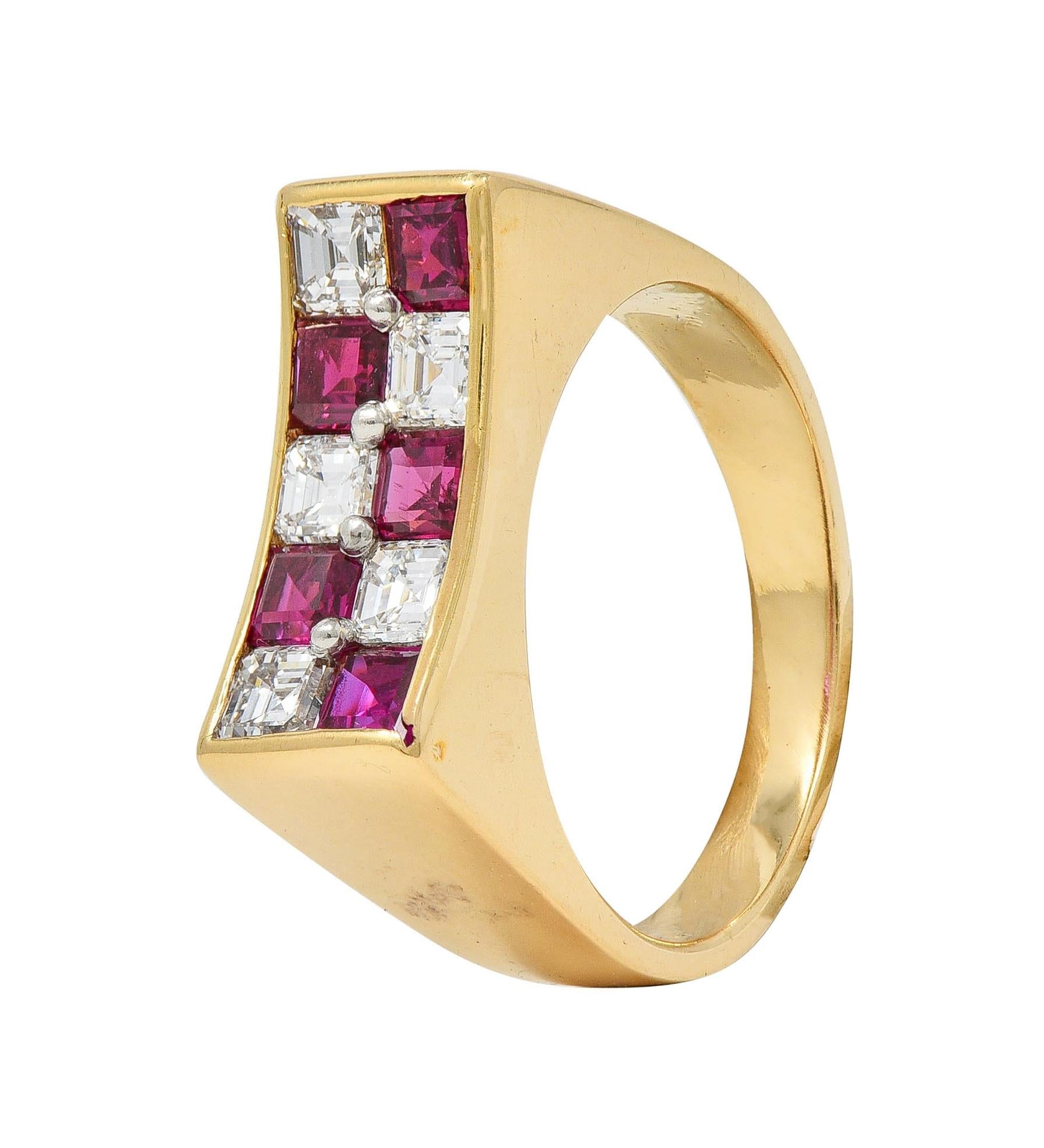 Oscar Heyman Diamond Ruby Platinum 18K Gold Checkerboard Vintage Band Ring