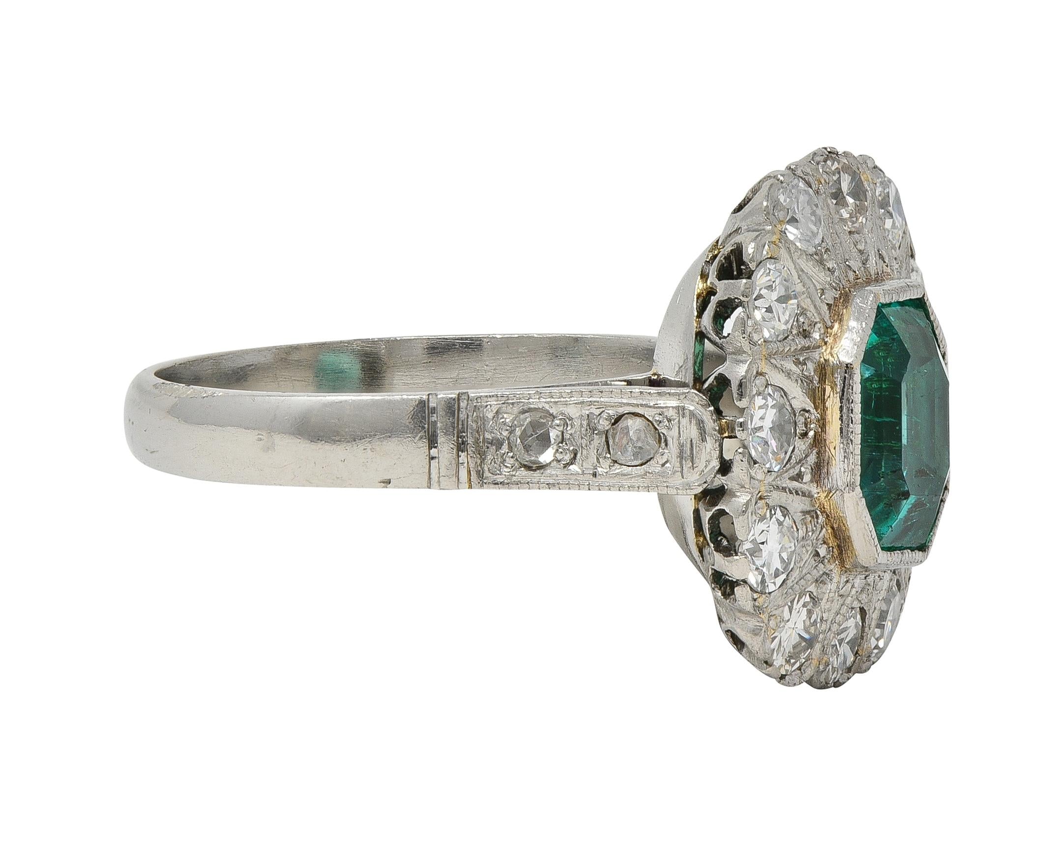 Art Deco 3.05 CTW No Oil Colombian Emerald Diamond Platinum Vintage Halo Ring