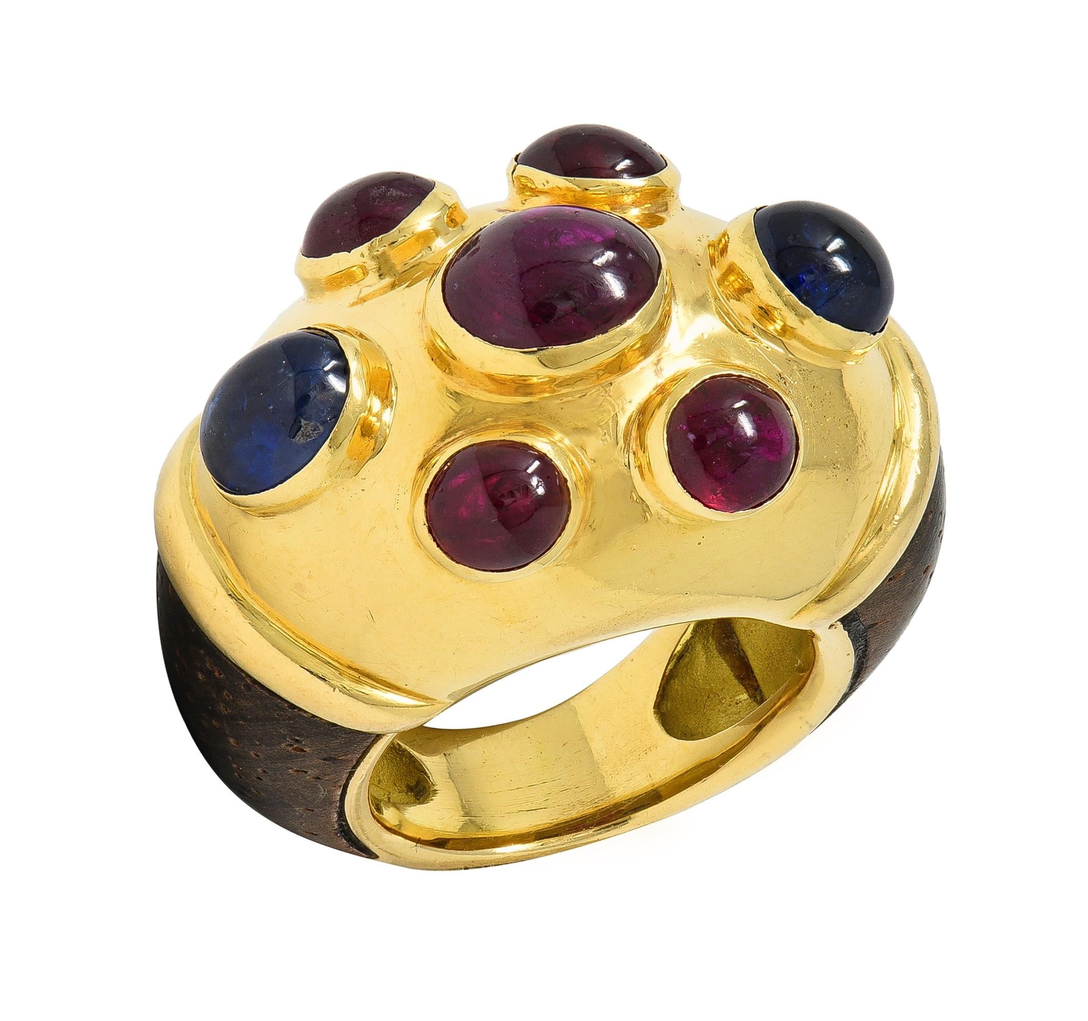 Poiray Paris 1980's 5.80 CTW Sapphire Ruby Wood 18K Gold Vintage Dome Ring