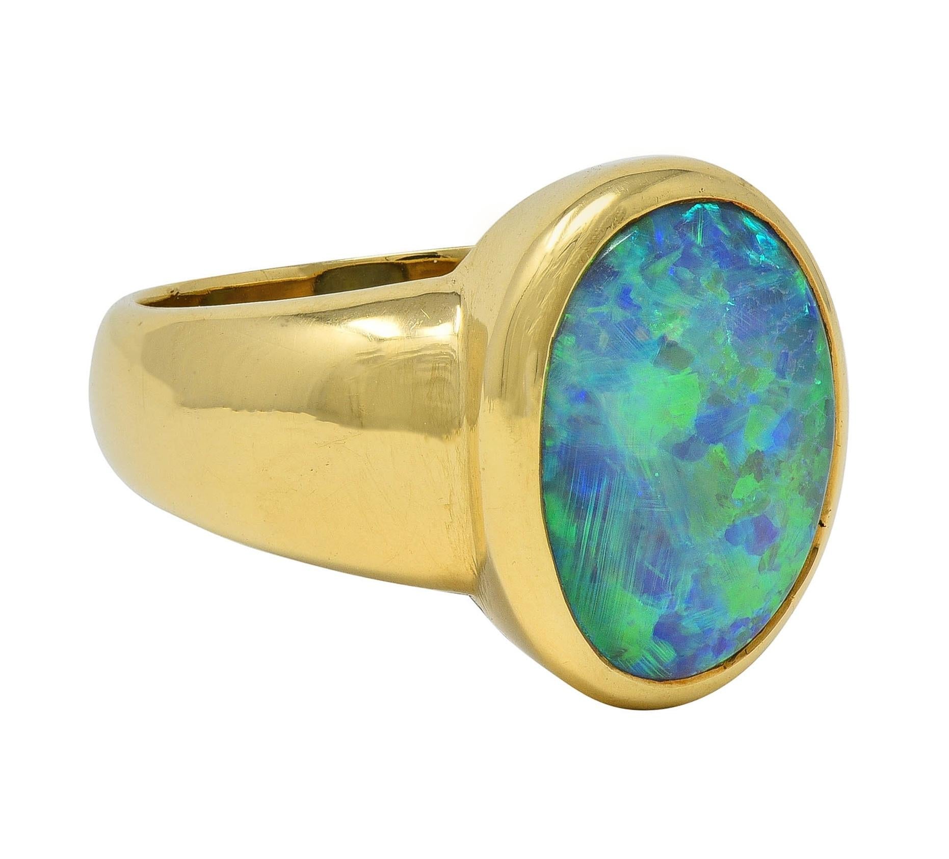 Contemporary Black Opal 18 Karat Yellow Gold Puffed Bezel Gemstone Ring