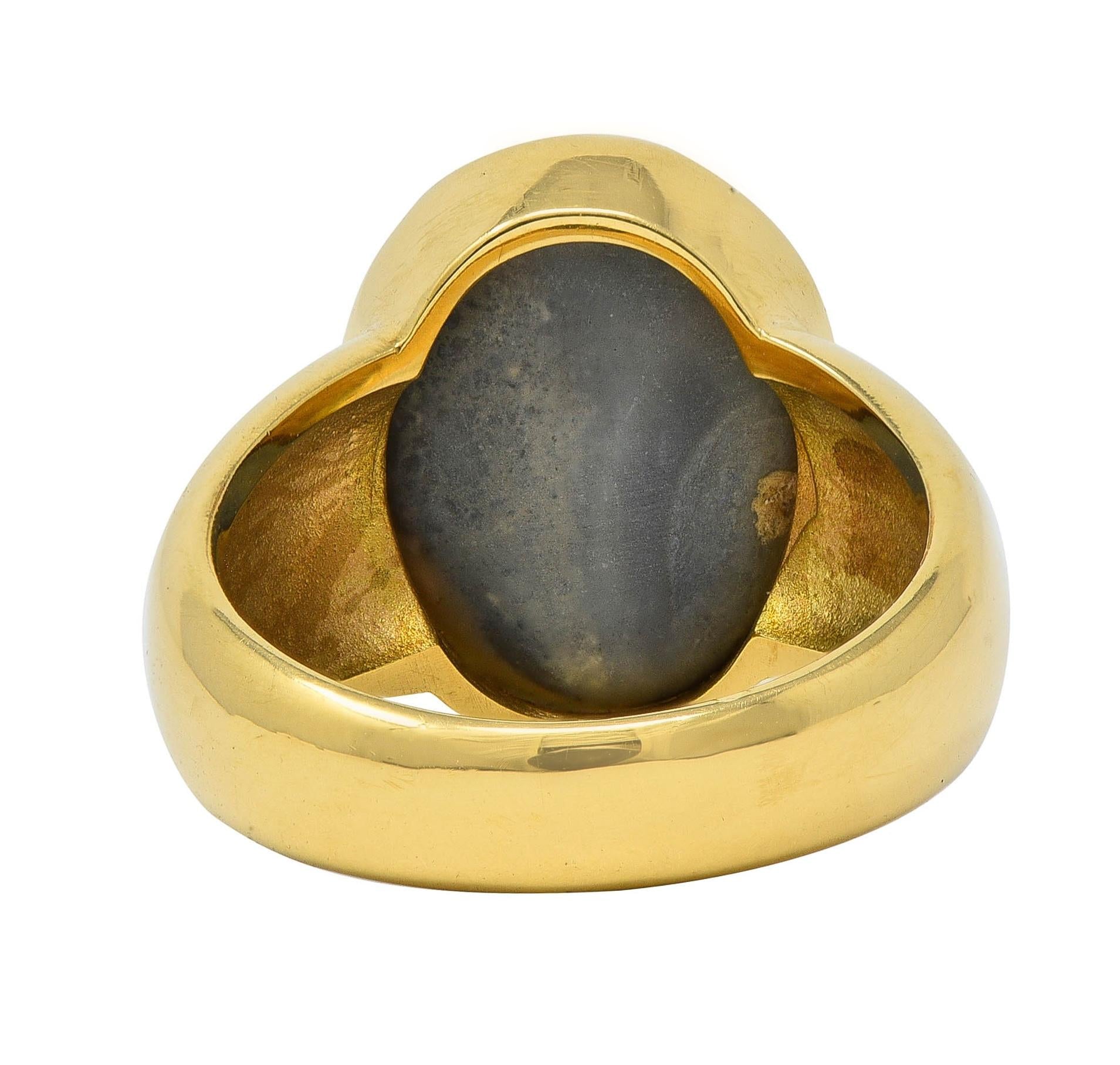 Contemporary Black Opal 18 Karat Yellow Gold Puffed Bezel Gemstone Ring