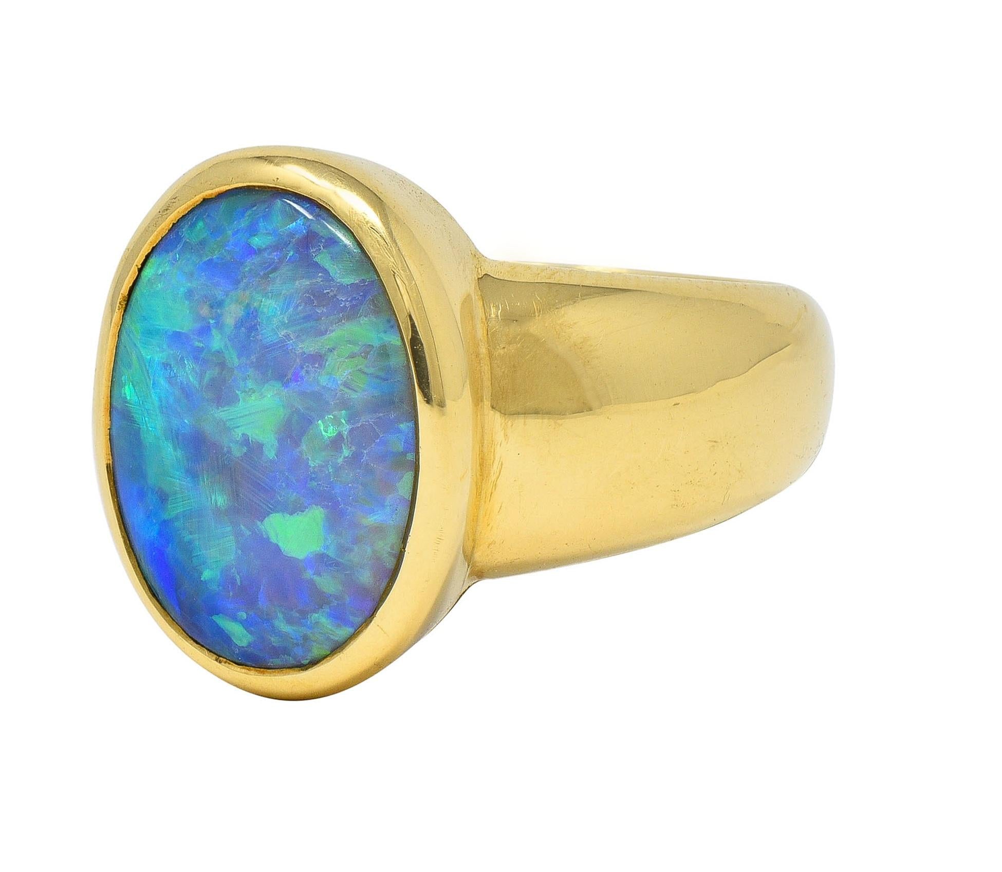 Contemporary Black Opal 18 Karat Yellow Gold Puffed Bezel Gemstone Ring