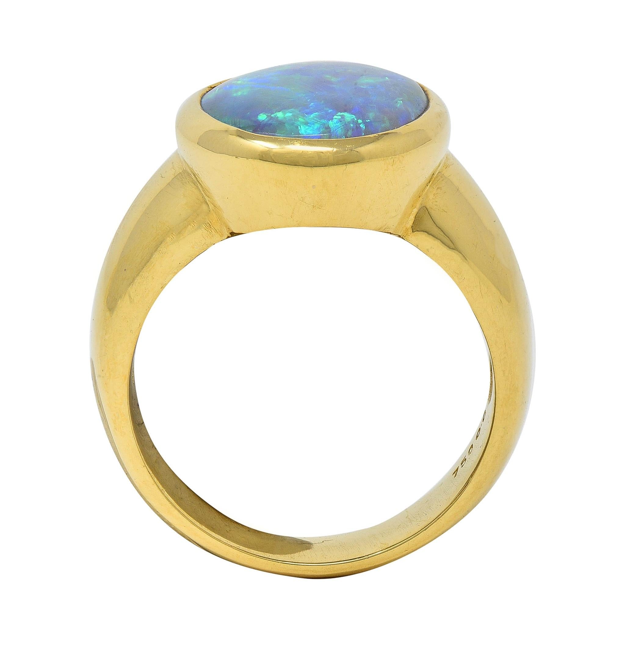 Contemporary Black Opal 18 Karat Yellow Gold Puffed Bezel Gemstone Ring