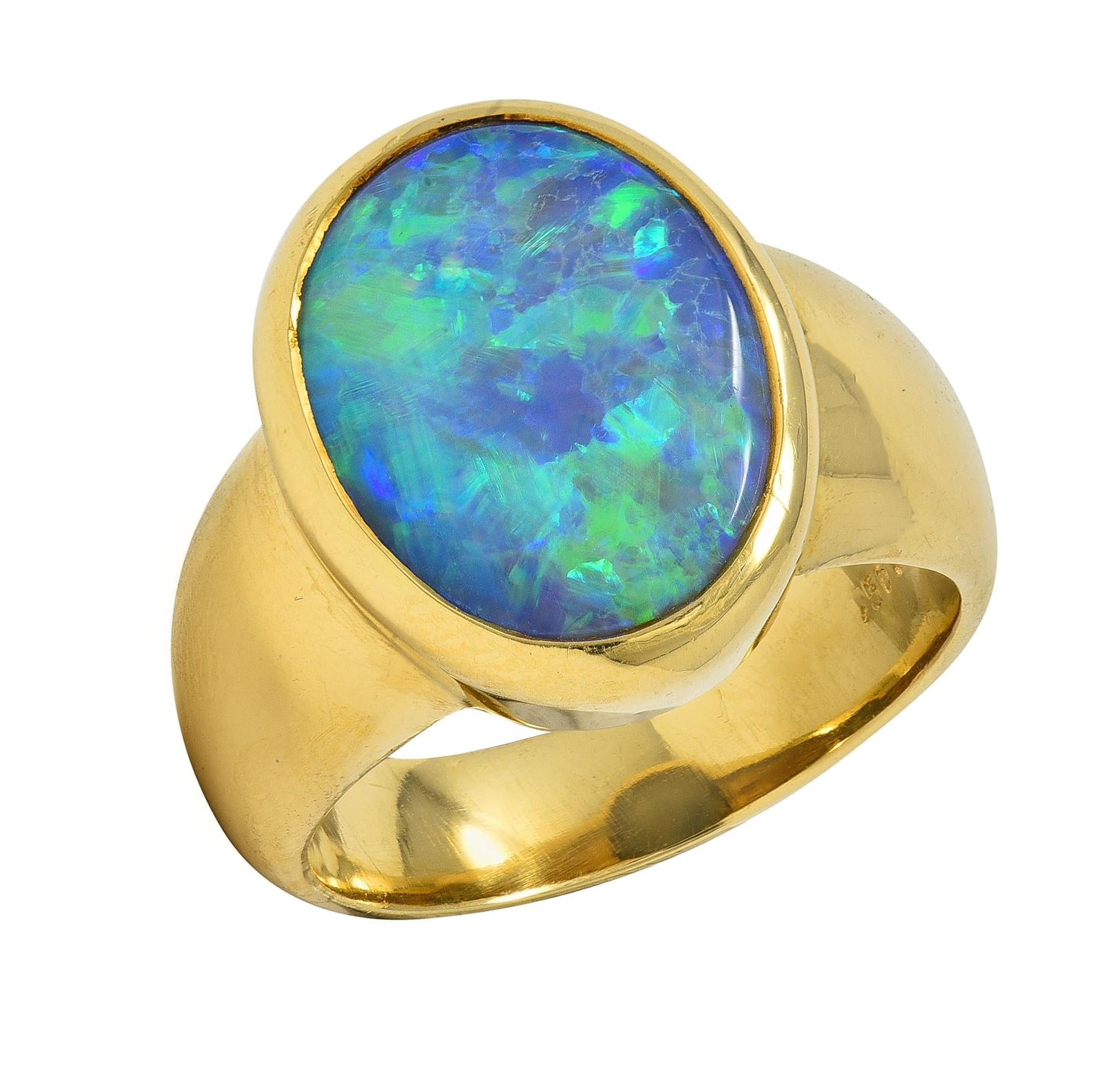Contemporary Black Opal 18 Karat Yellow Gold Puffed Bezel Gemstone Ring