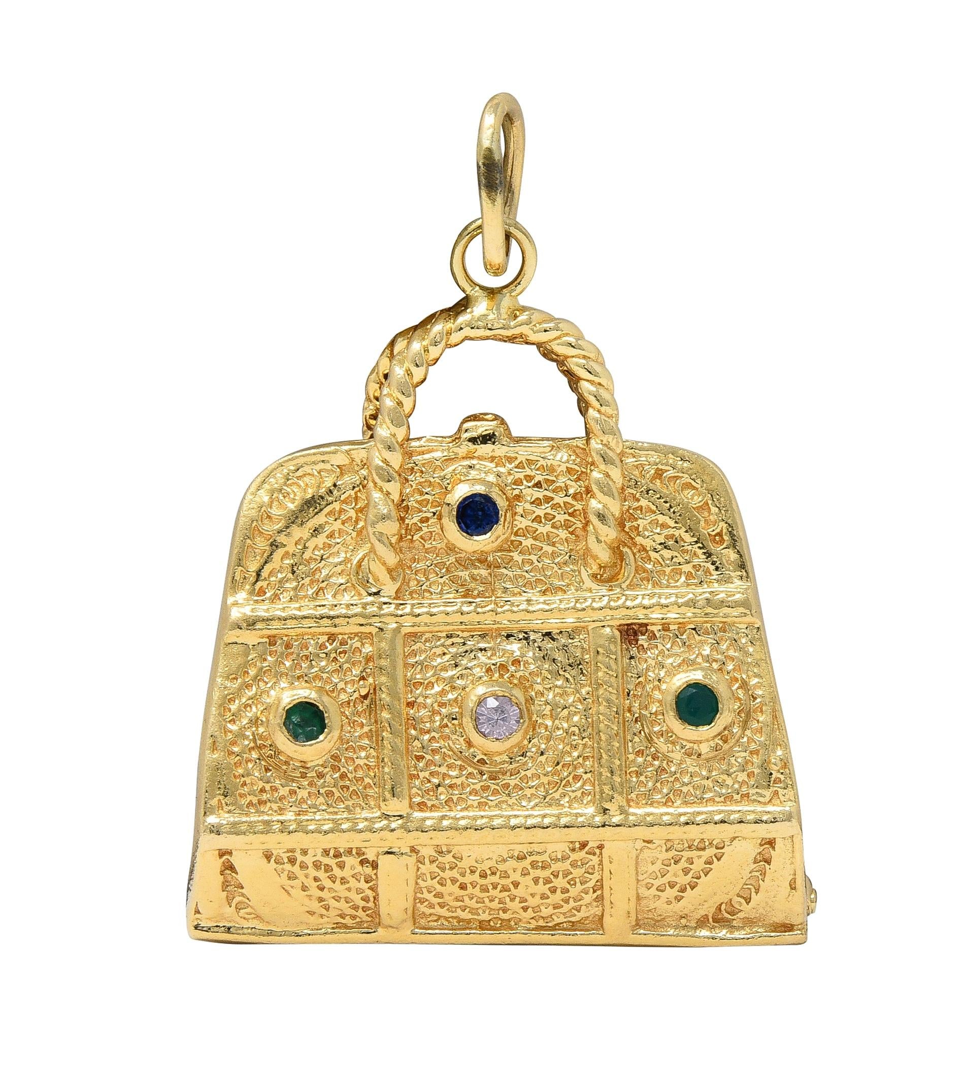 1960's Multi-Gem 14 Karat Yellow Gold Vintage Purse Pendant Charm