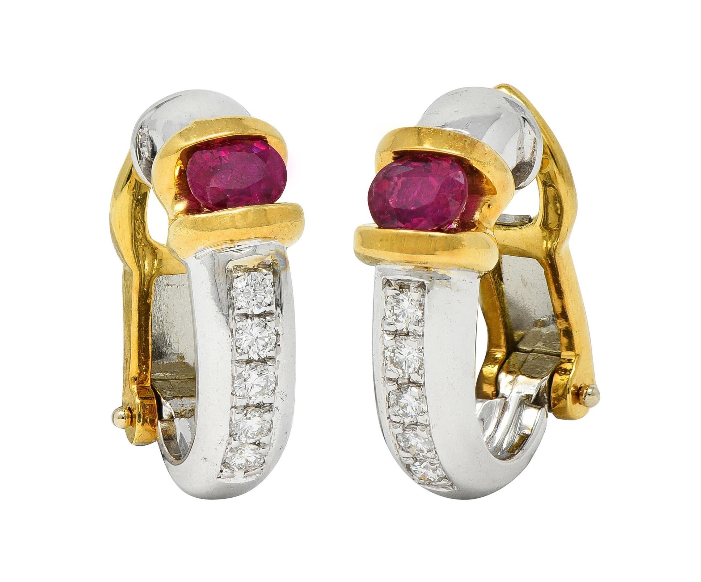 Spark 1990's Ruby Diamond 18 Karat Two-Tone Gold Vintage J-Hoop Earring