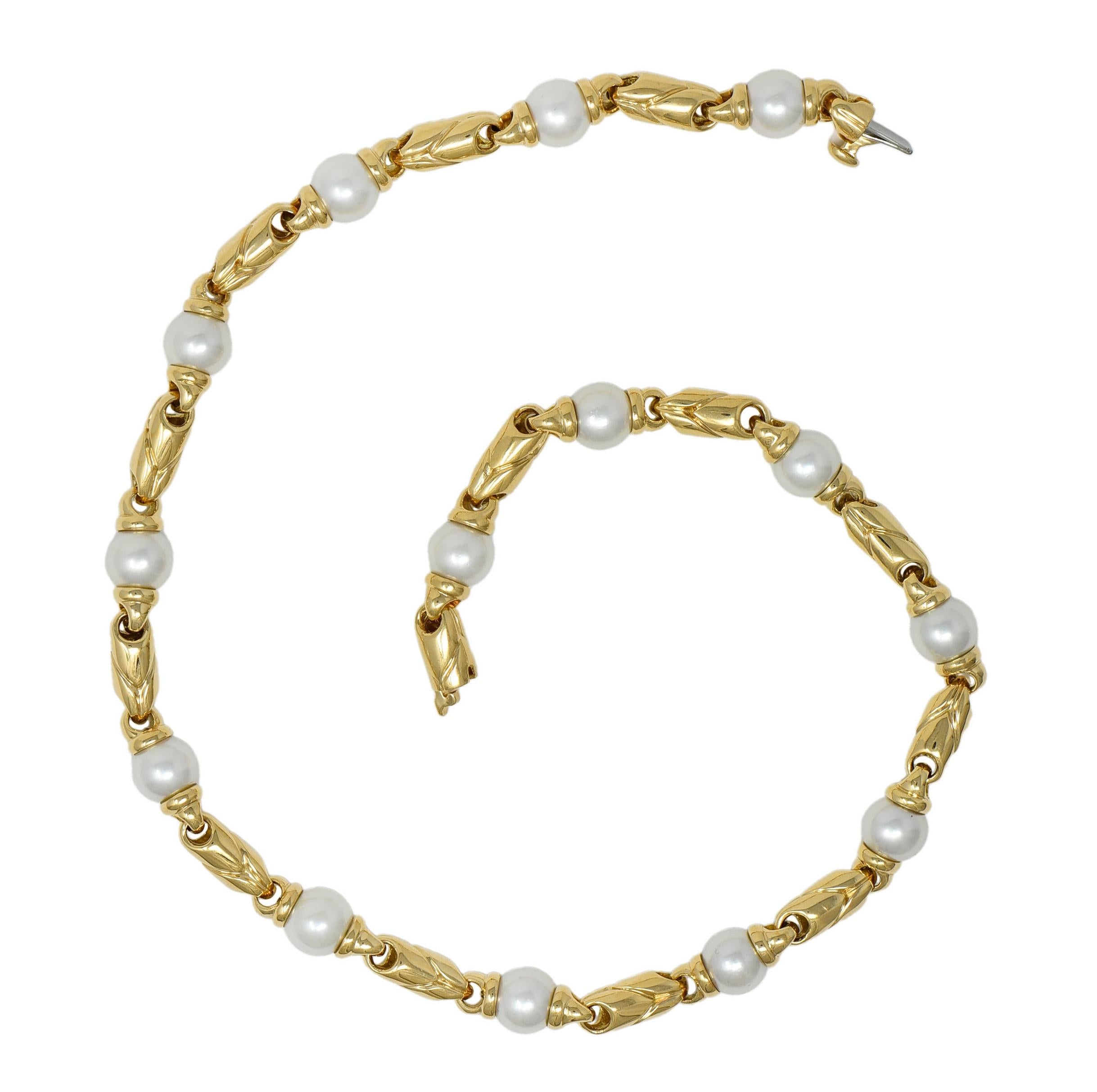 Bulgari 1980's Cultured Pearl 18K Gold Vintage Passo Doppio Link Necklace