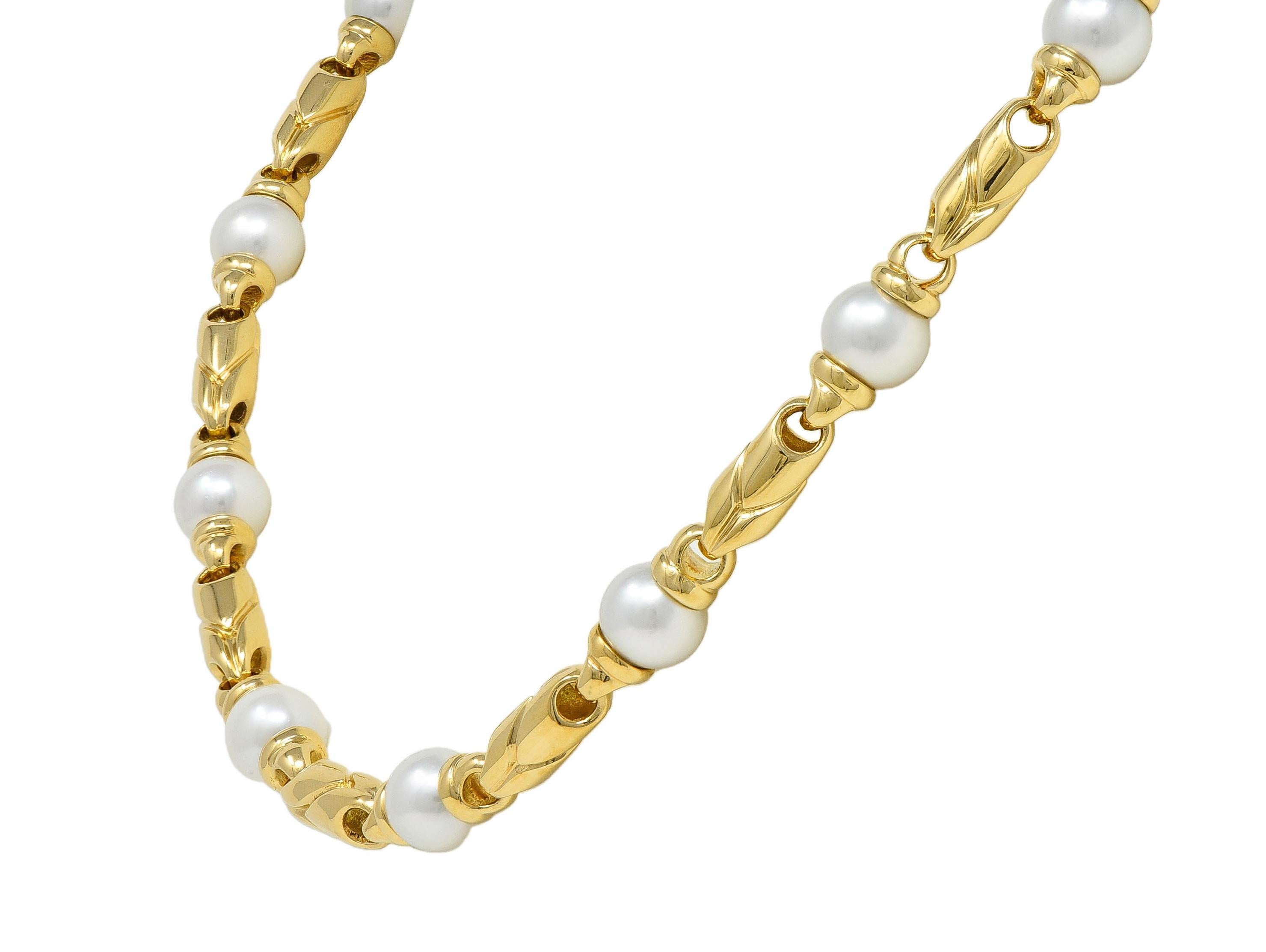 Bulgari 1980's Cultured Pearl 18K Gold Vintage Passo Doppio Link Necklace