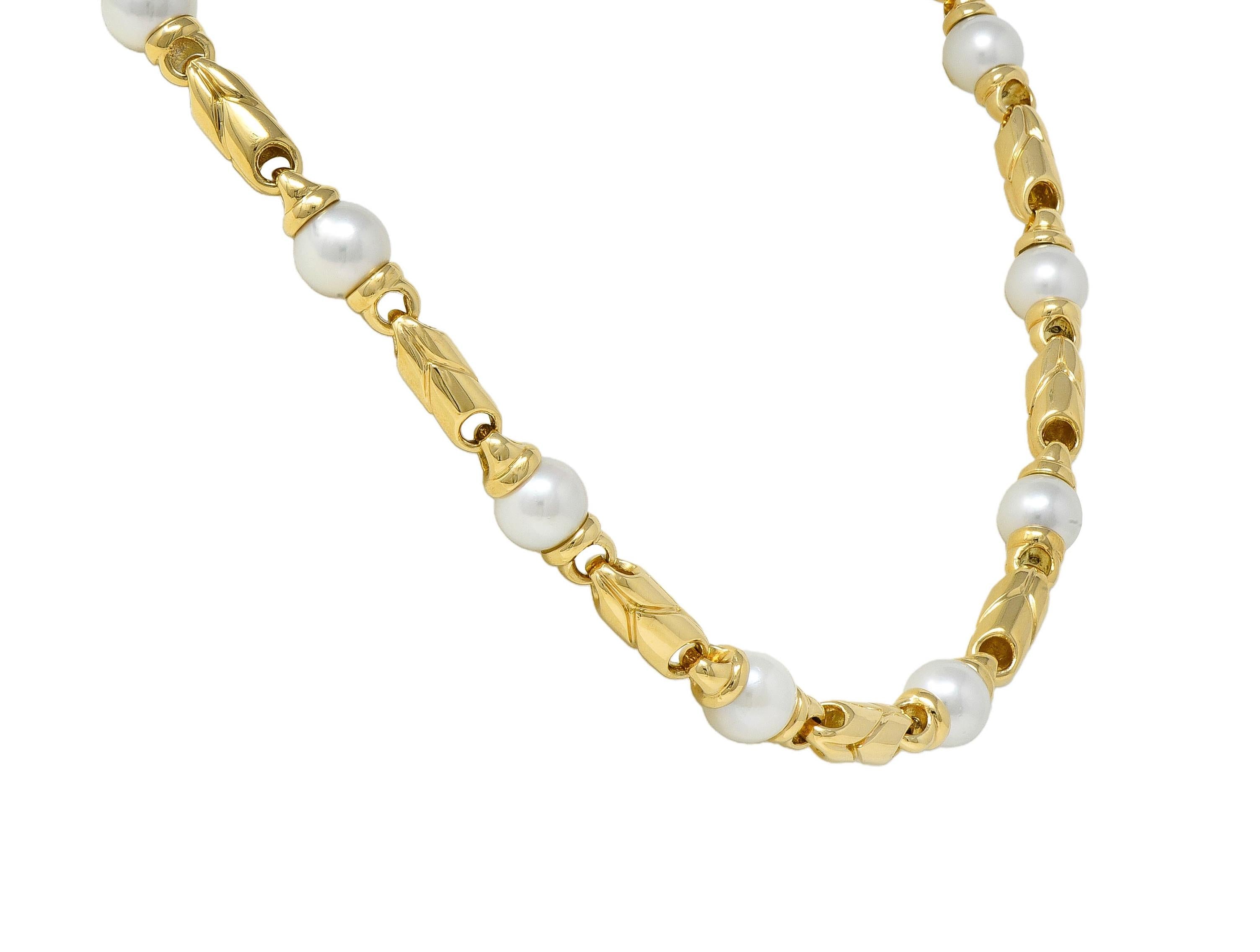 Bulgari 1980's Cultured Pearl 18K Gold Vintage Passo Doppio Link Necklace