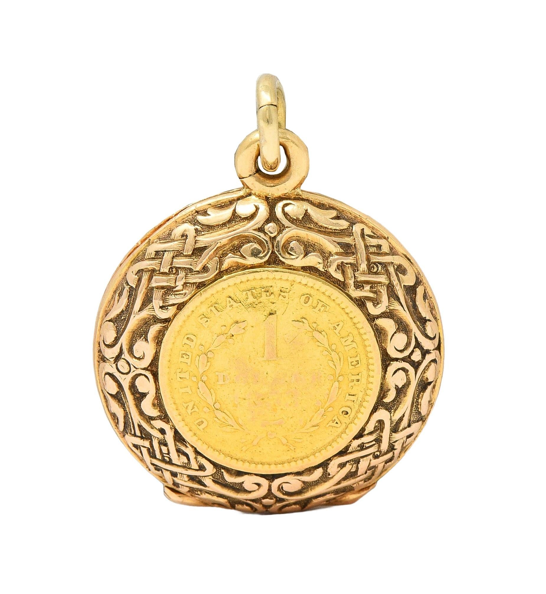 Victorian 14K Gold 1853 US Liberty Dollar Coin Antique Celtic Locket Pendant
